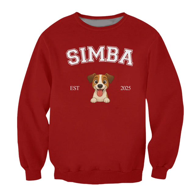 Pull personnalisé rouge style collège pour chien avec prénom 'Simba' et illustration de chiot joyeux Draw My Pets