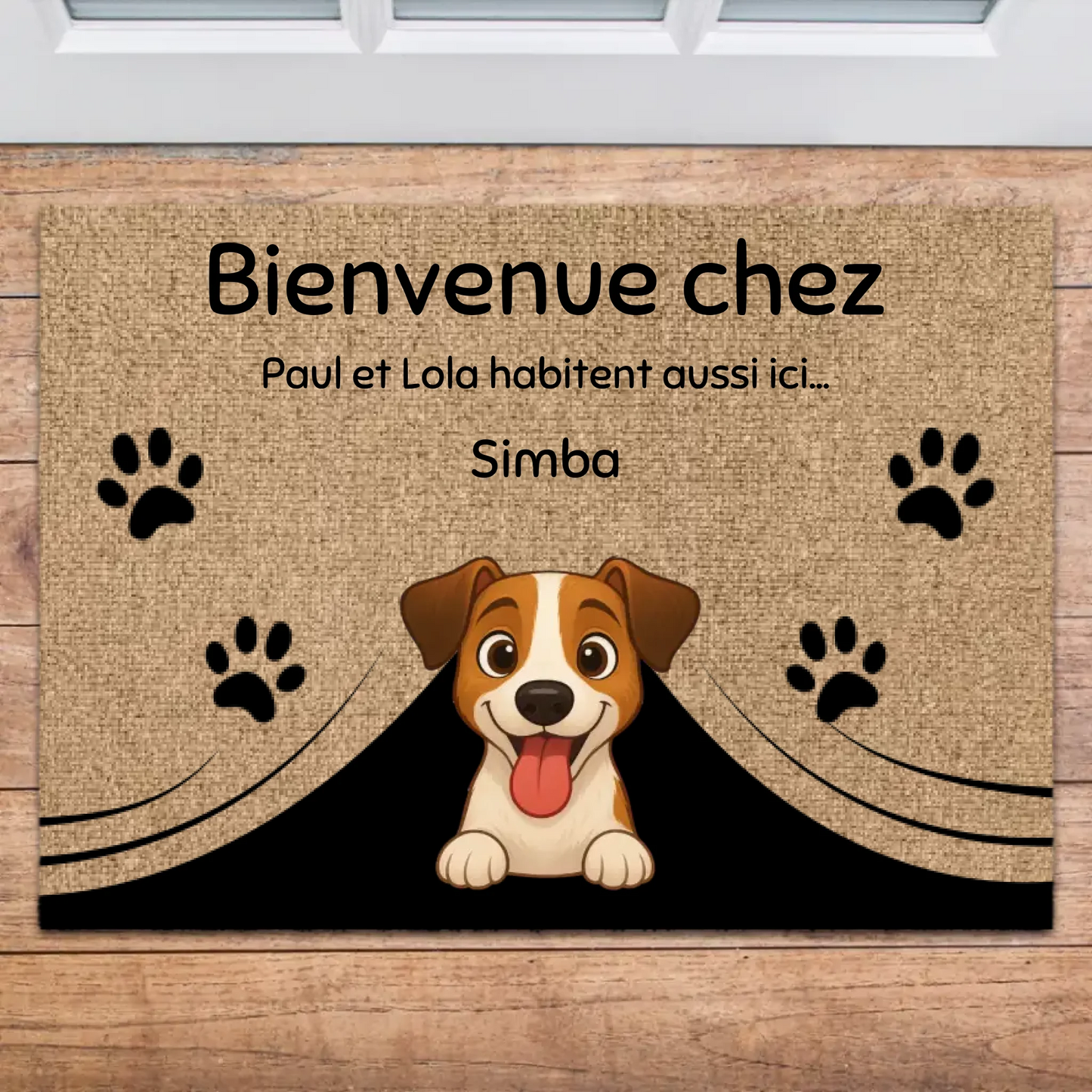 Paillasson personnalisé ombres avec illustration de chien souriant et empreintes de pattes pour un accueil chaleureux.