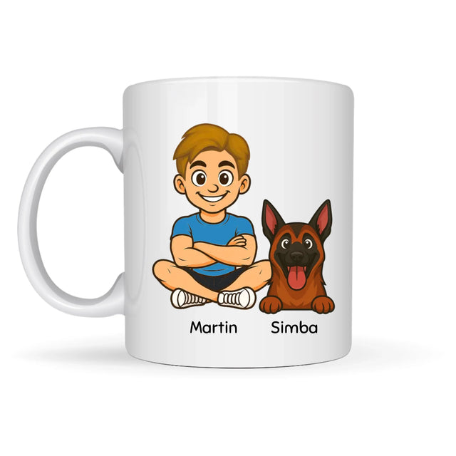 Mug céramique personnalisé avec un garçon et son chien, prénoms inclus.