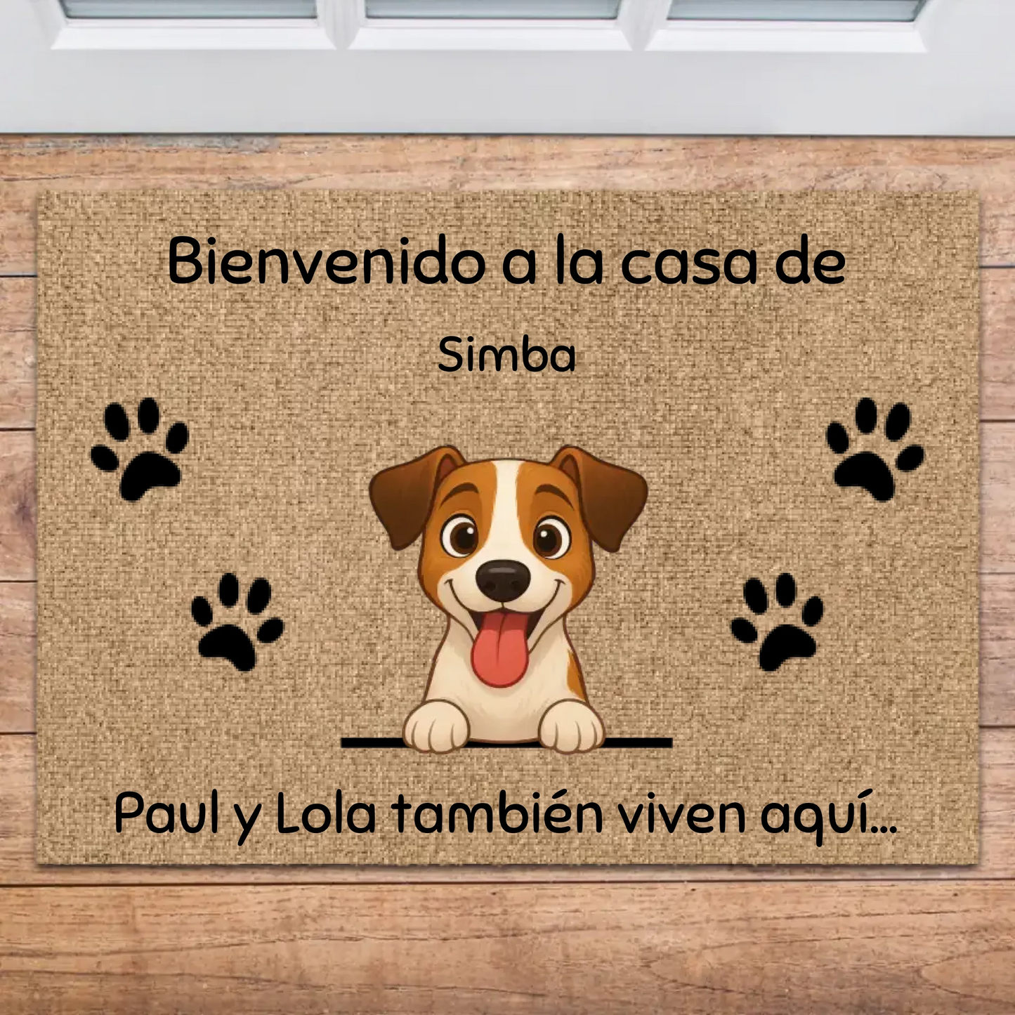 Felpudo personalizado con perro Jack Russell sonriente y texto de bienvenida