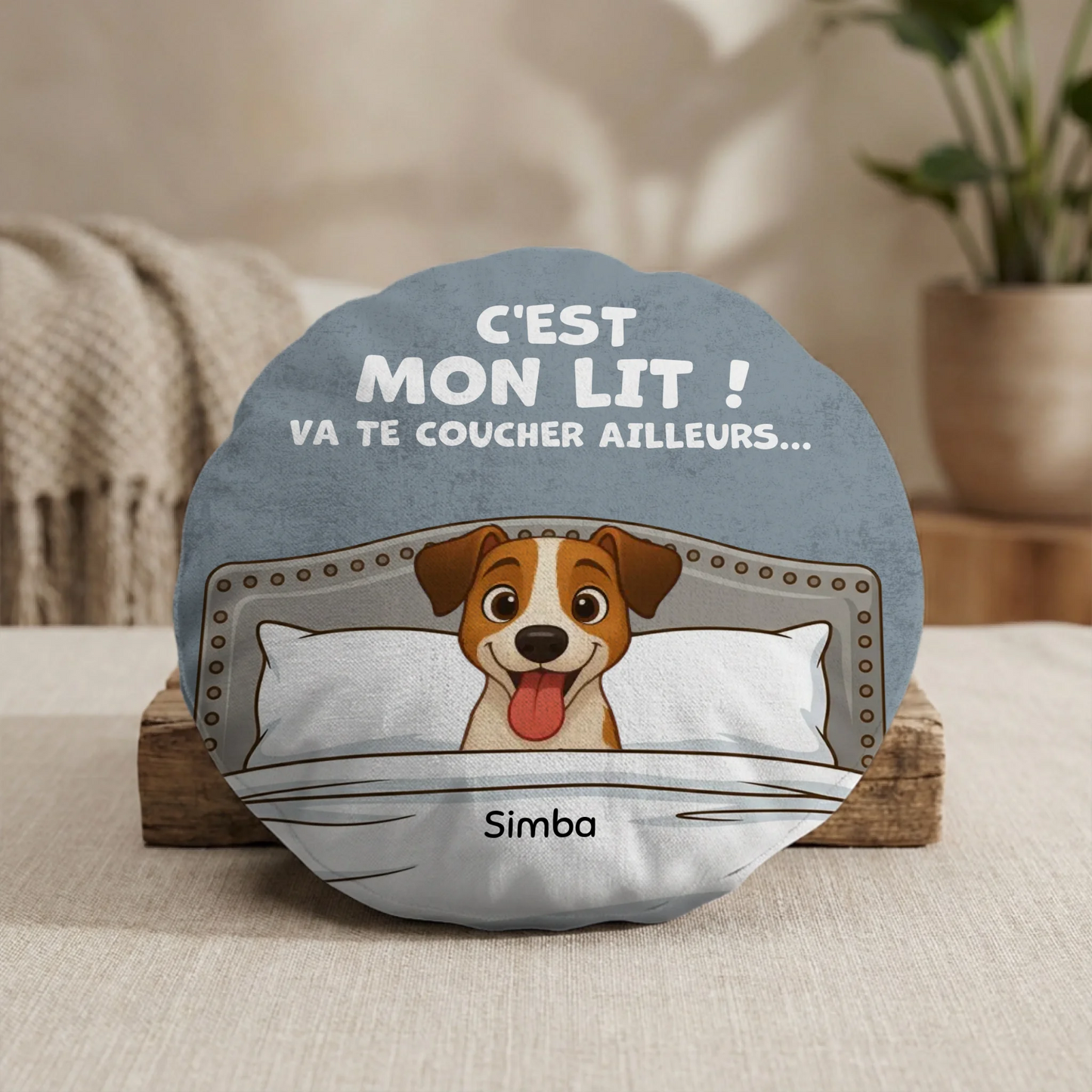 Coussin rond personnalisé "C'est mon lit" avec chien Jack Russell, prénom Simba, DMP.