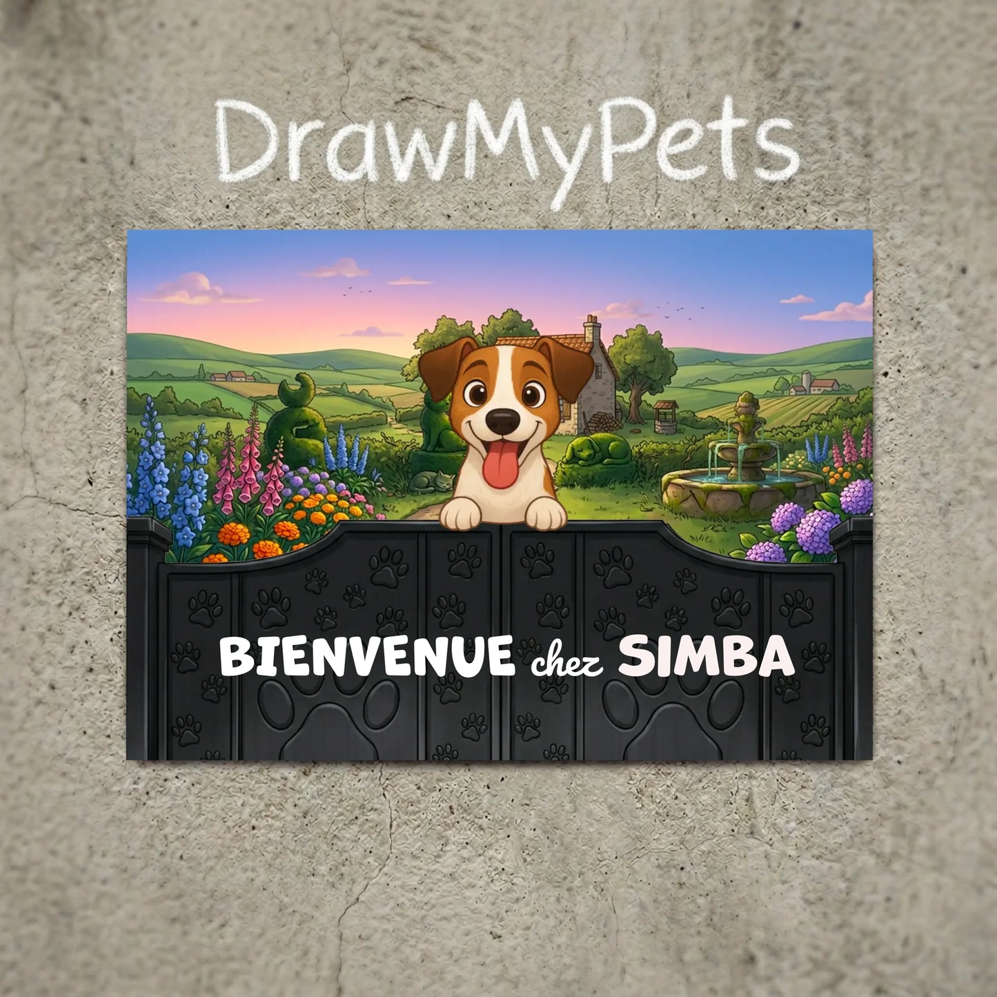 Plaque métal personnalisée "Bienvenue à la campagne" avec un chien souriant peeking d'un portail
