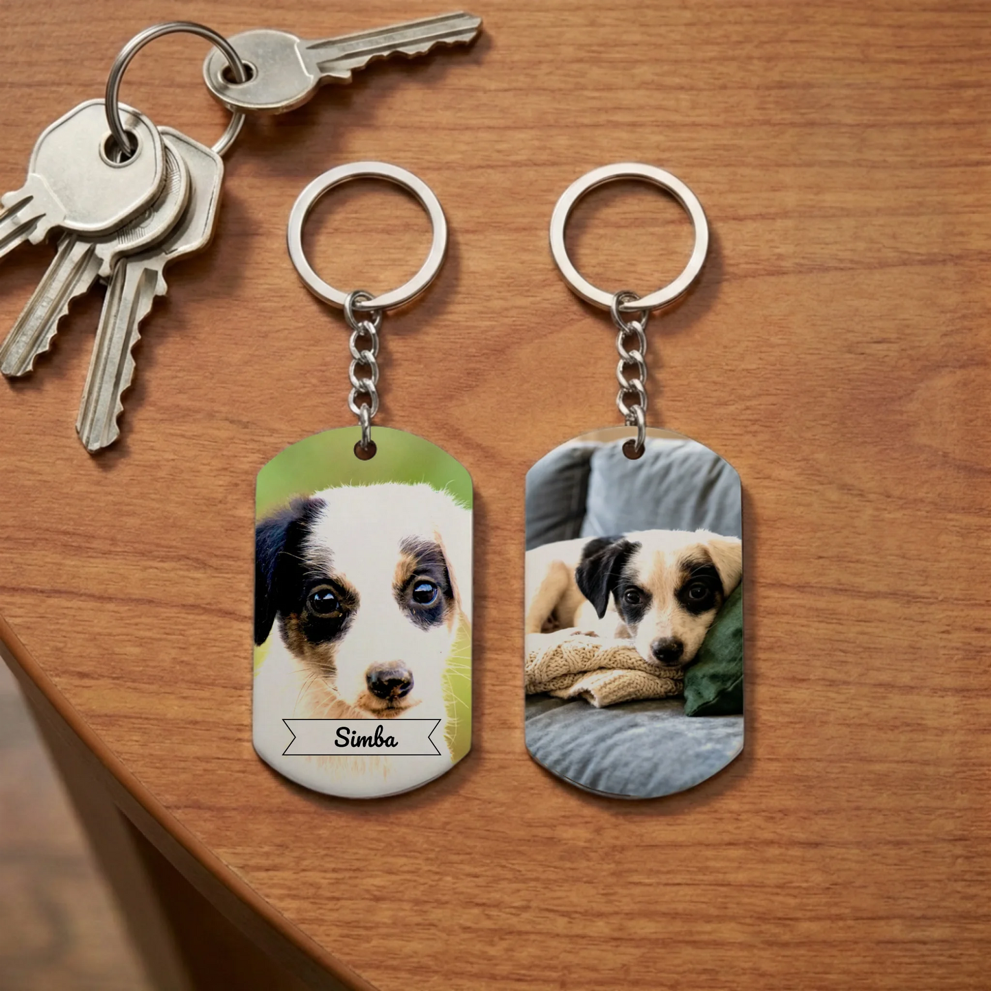 Porte-clés personnalisé photo entière Simba avec chiot noir et blanc sur fond vert, posé sur une table en bois avec des clés, produit Draw My Pets.