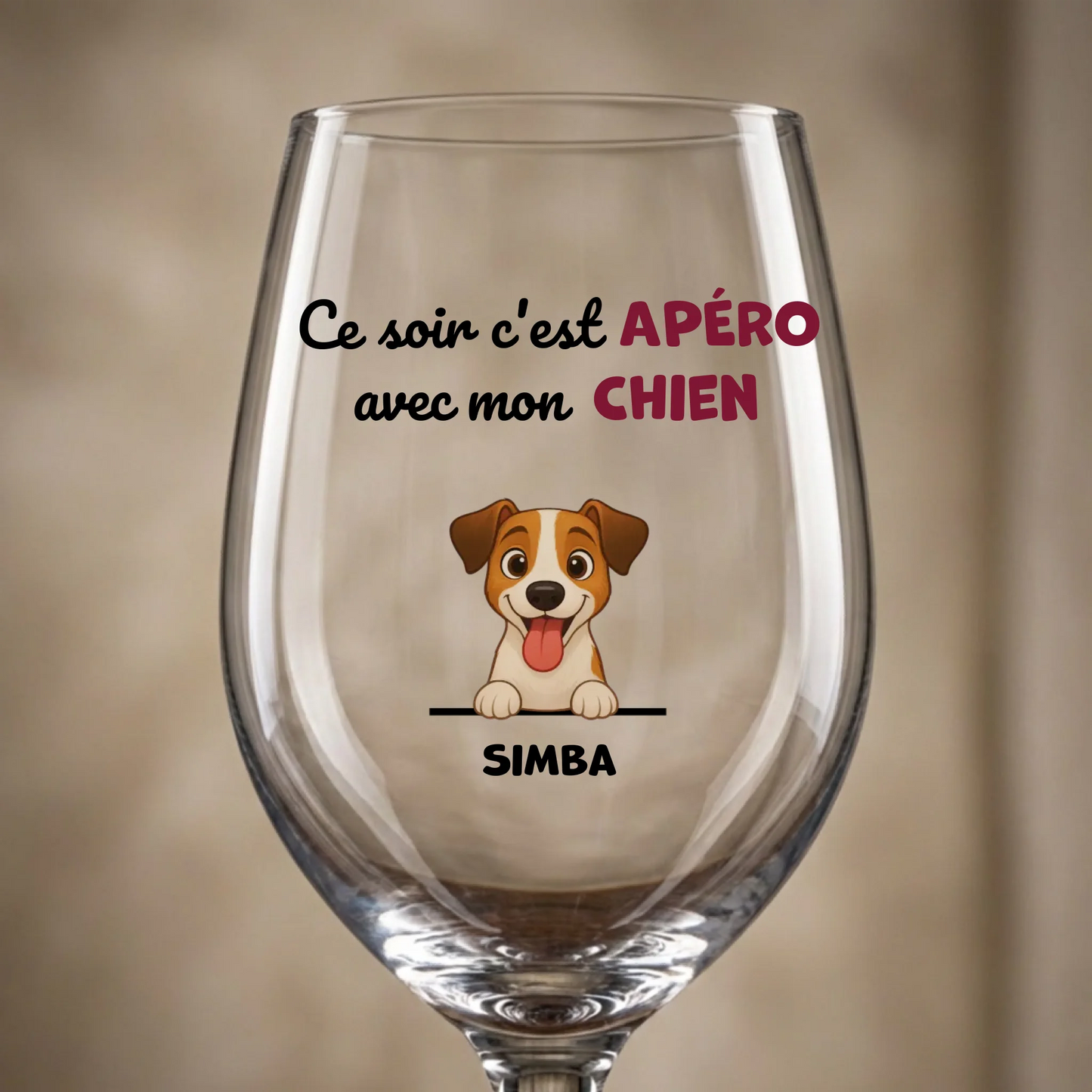 Verre à vin "Ce soir c'est apéro" personnalisé avec un chien et son prénom.
