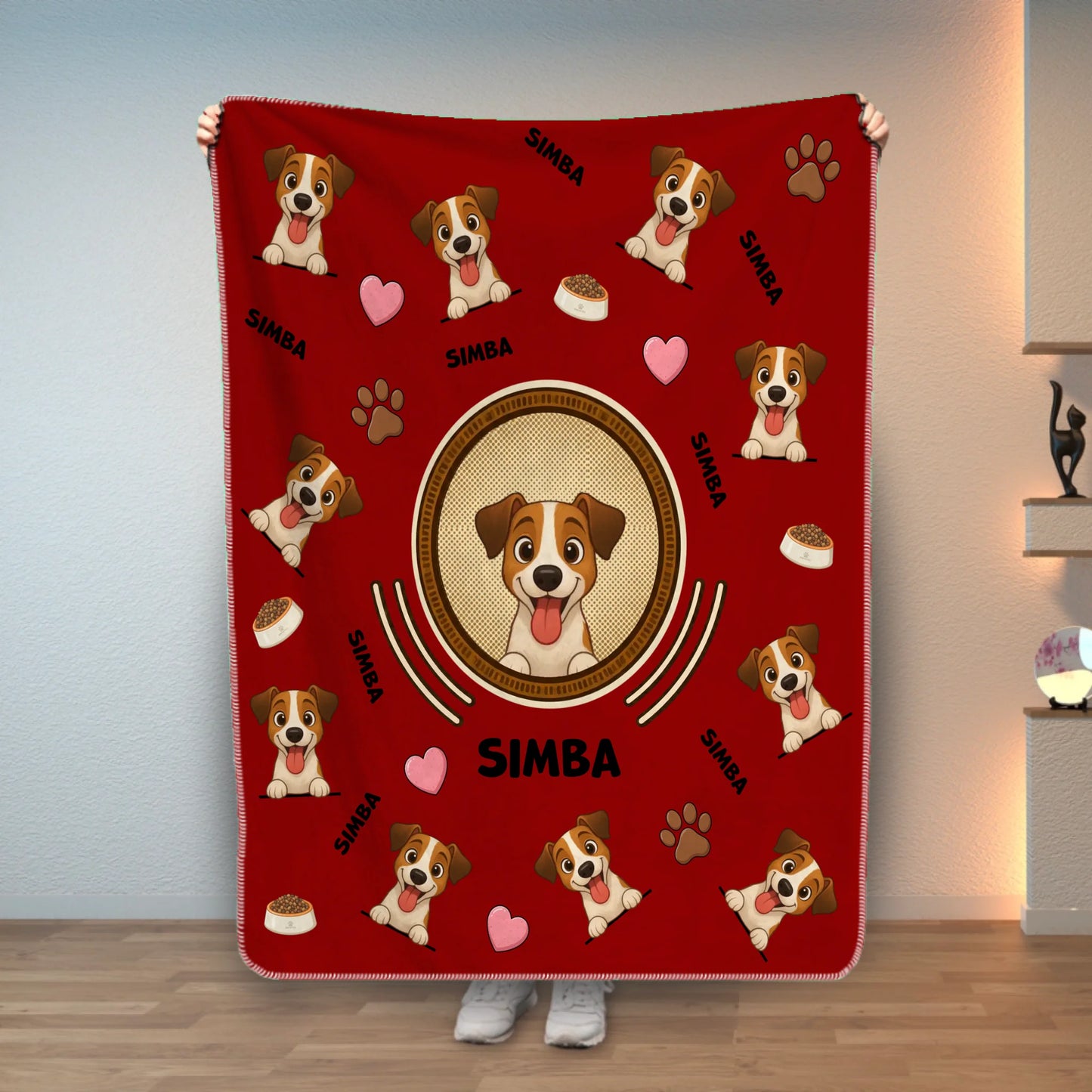 Plaid personnalisé rouge avec illustration de Jack Russell joyeux et le nom "SIMBA".