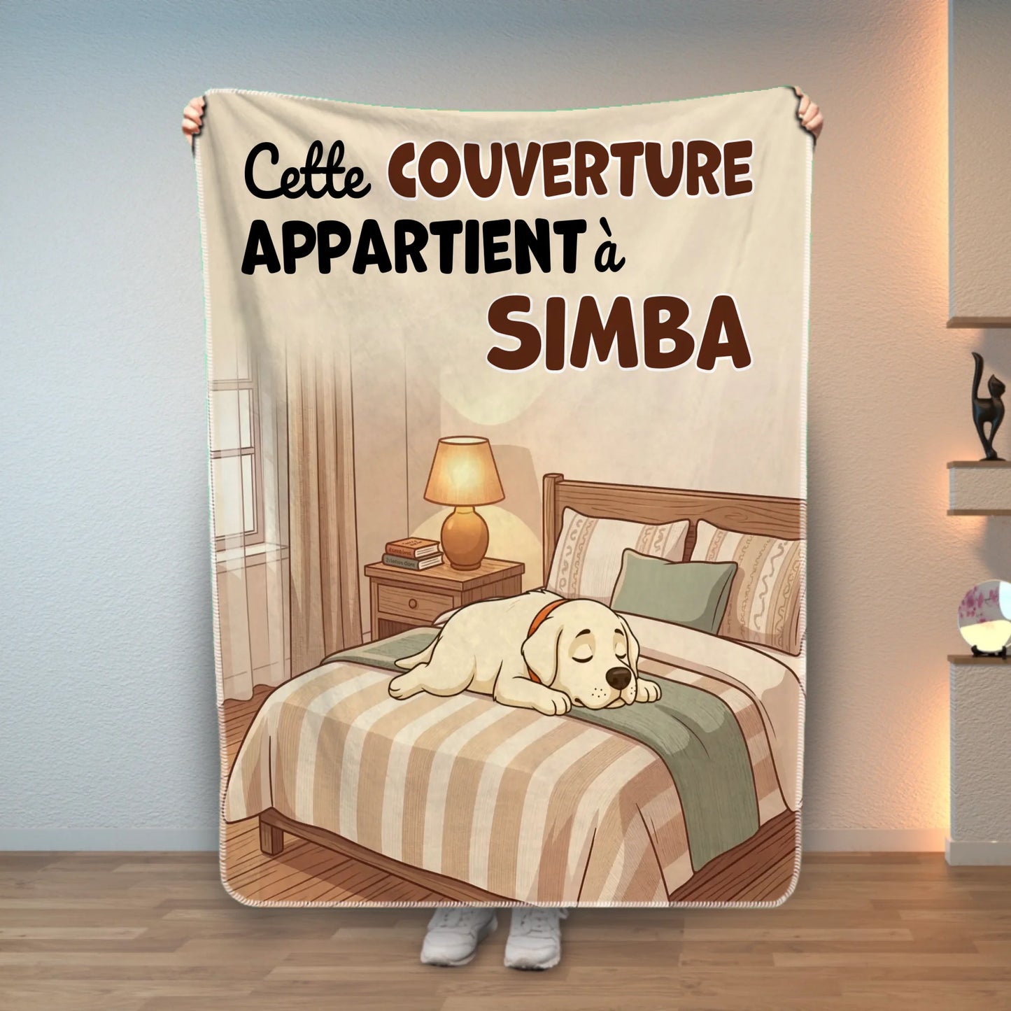 Couverture personnalisée pour chien ou chat avec un Labrador endormi et le prénom.