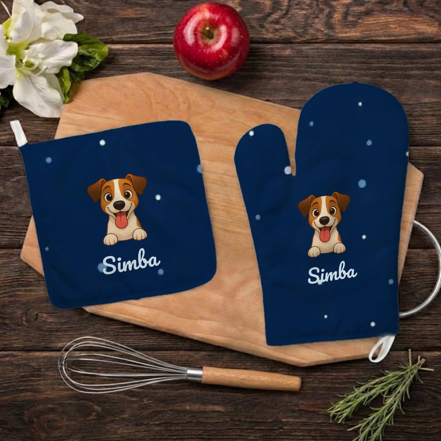 Set de gants de cuisine personnalisés bleu nuit avec chien souriant.
