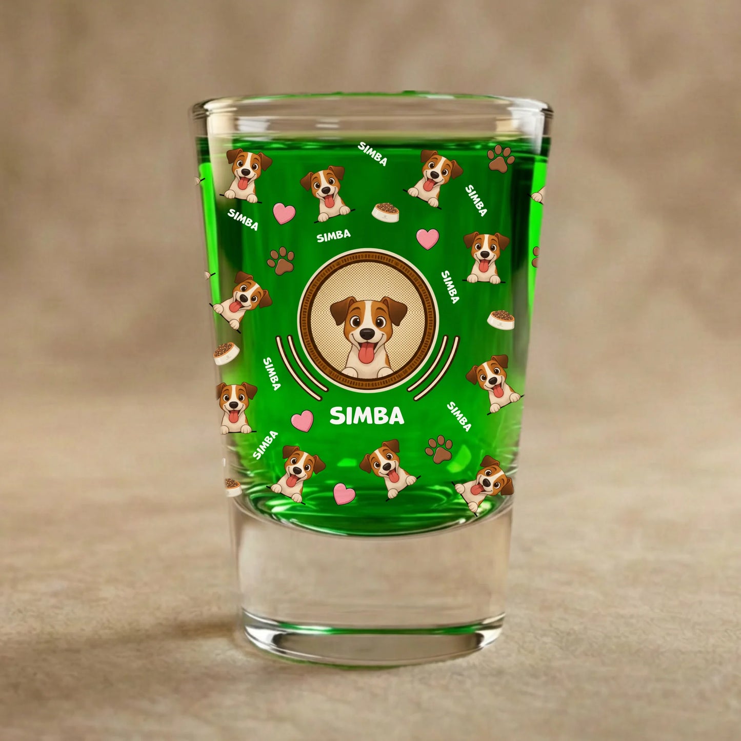 Verre à shot personnalisé 'Mosaïque' avec illustration joyeuse d'un Jack Russell Terrier et son prénom