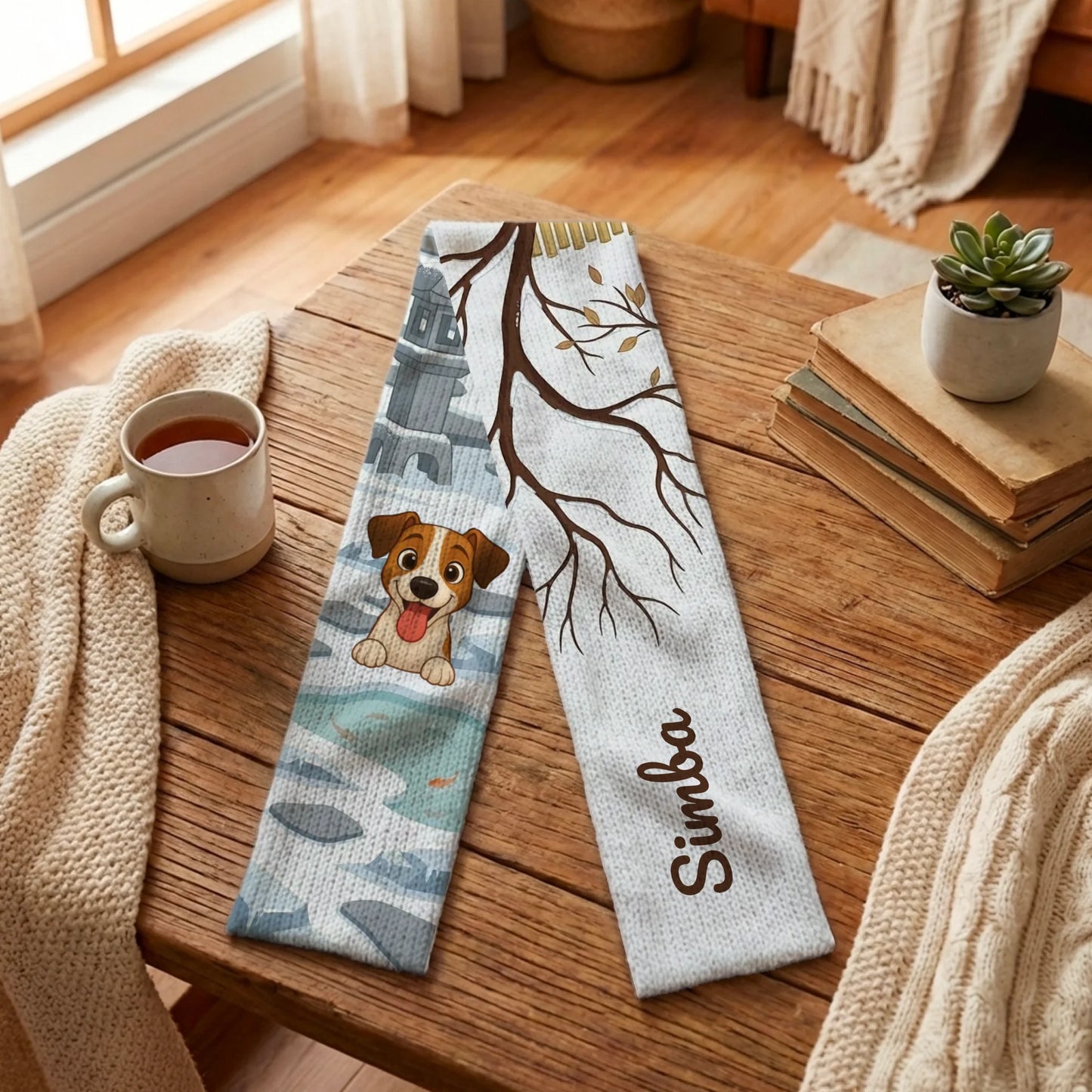 Écharpe personnalisée "Hiver Nippon" avec portrait de chien et prénom sur table bois.
