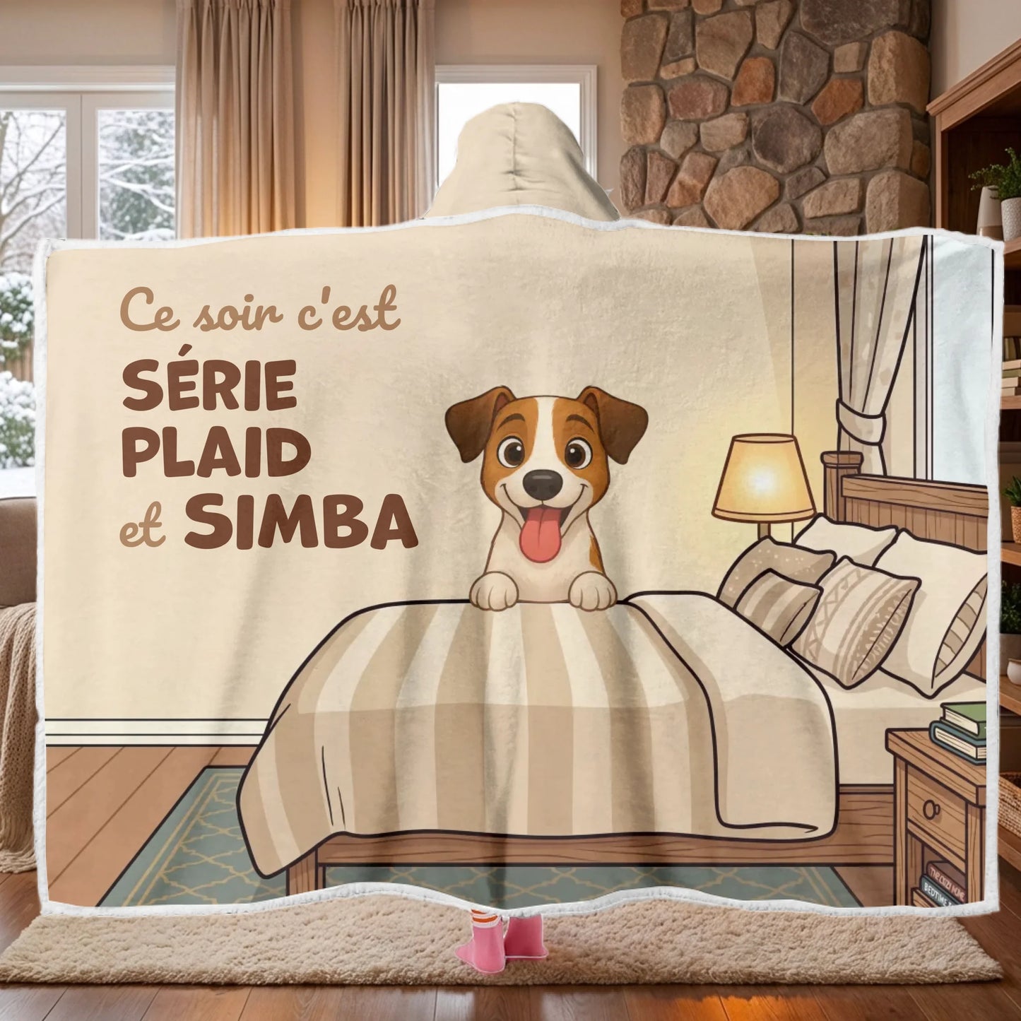 Plaid à capuche "Soirée plaid et série" personnalisé avec chien sur lit.