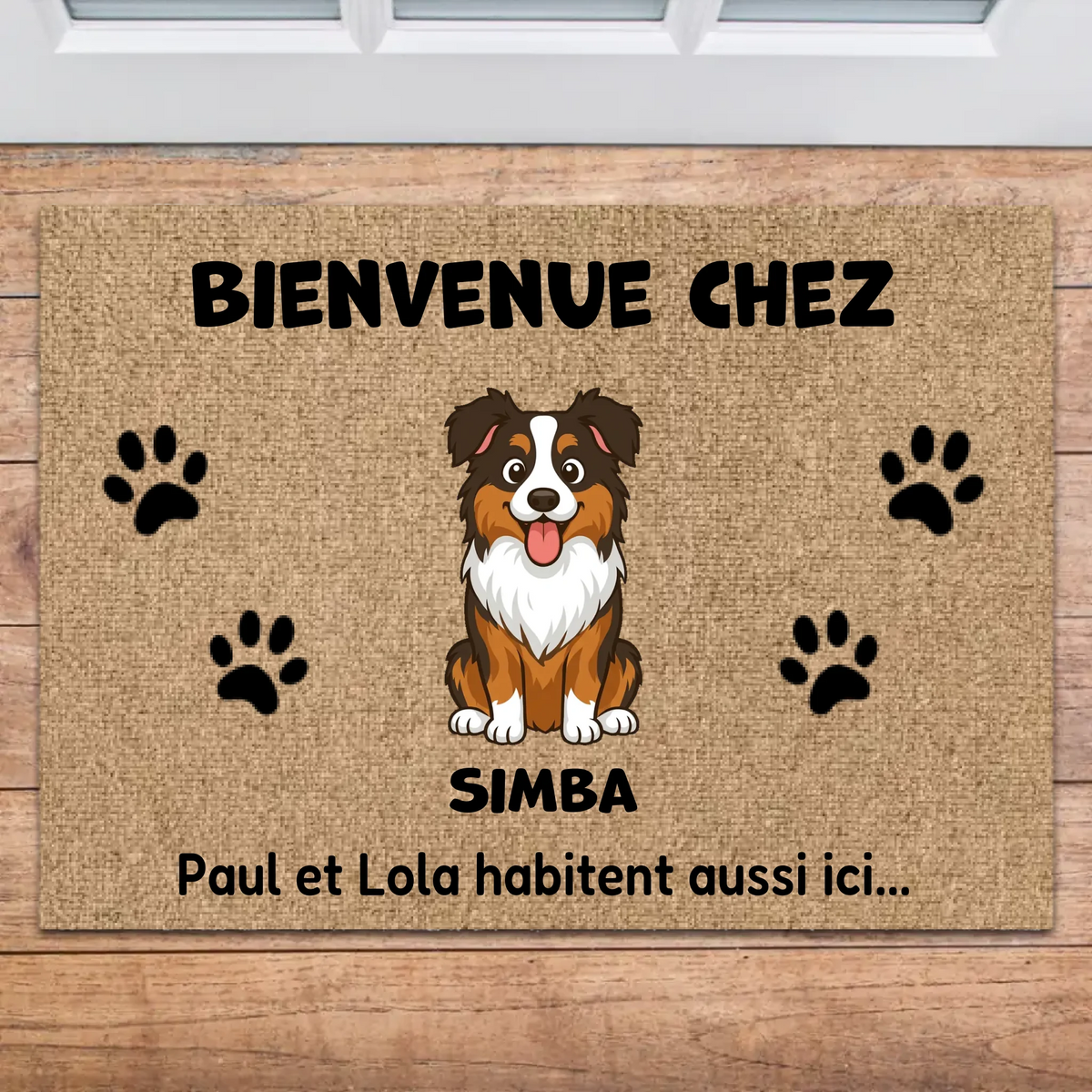 Paillasson personnalisé rectangulaire "Bienvenue chez" avec chien Berger Australien et empreintes, Draw My Pets.