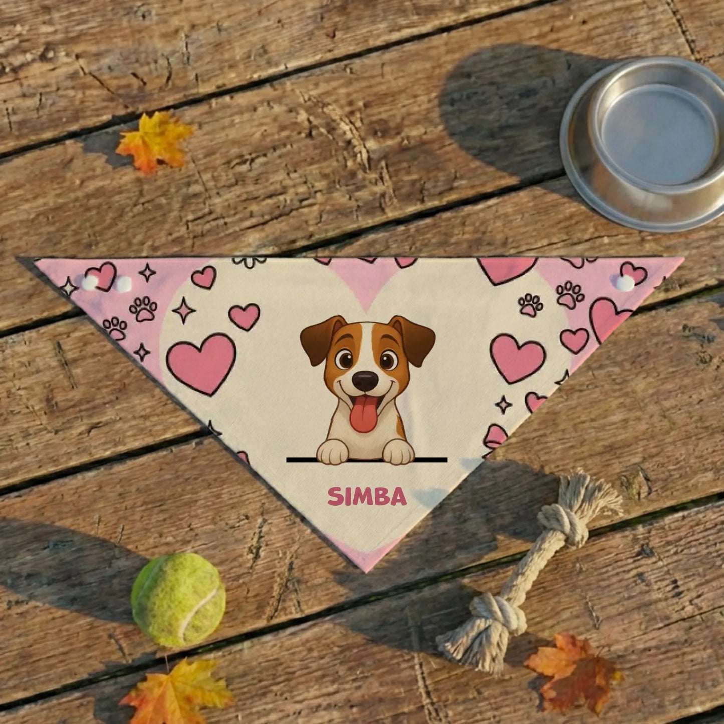 Bandana personalizzata "Nuvola di cuori" per cane con ritratto cartoon e nome su sfondo in legno.