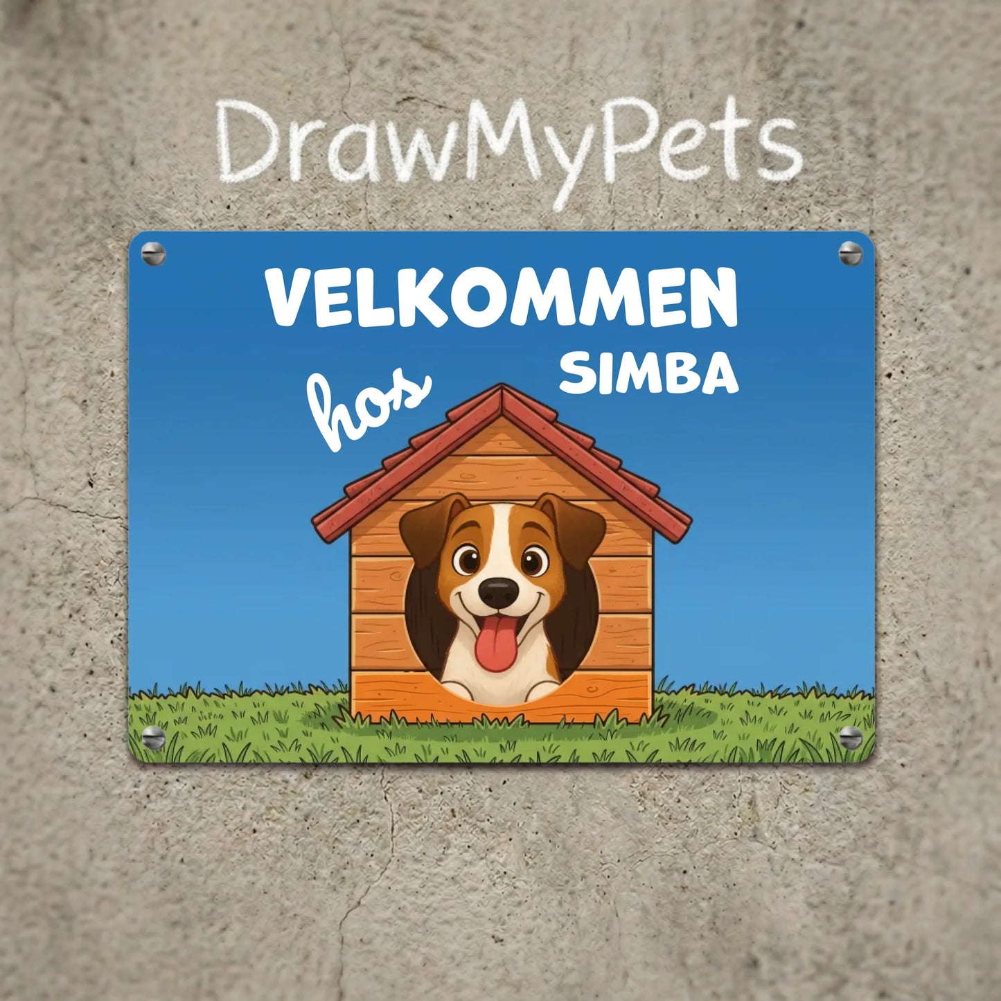 Personligt metalskilt med glad hund i hundehus, der byder velkommen