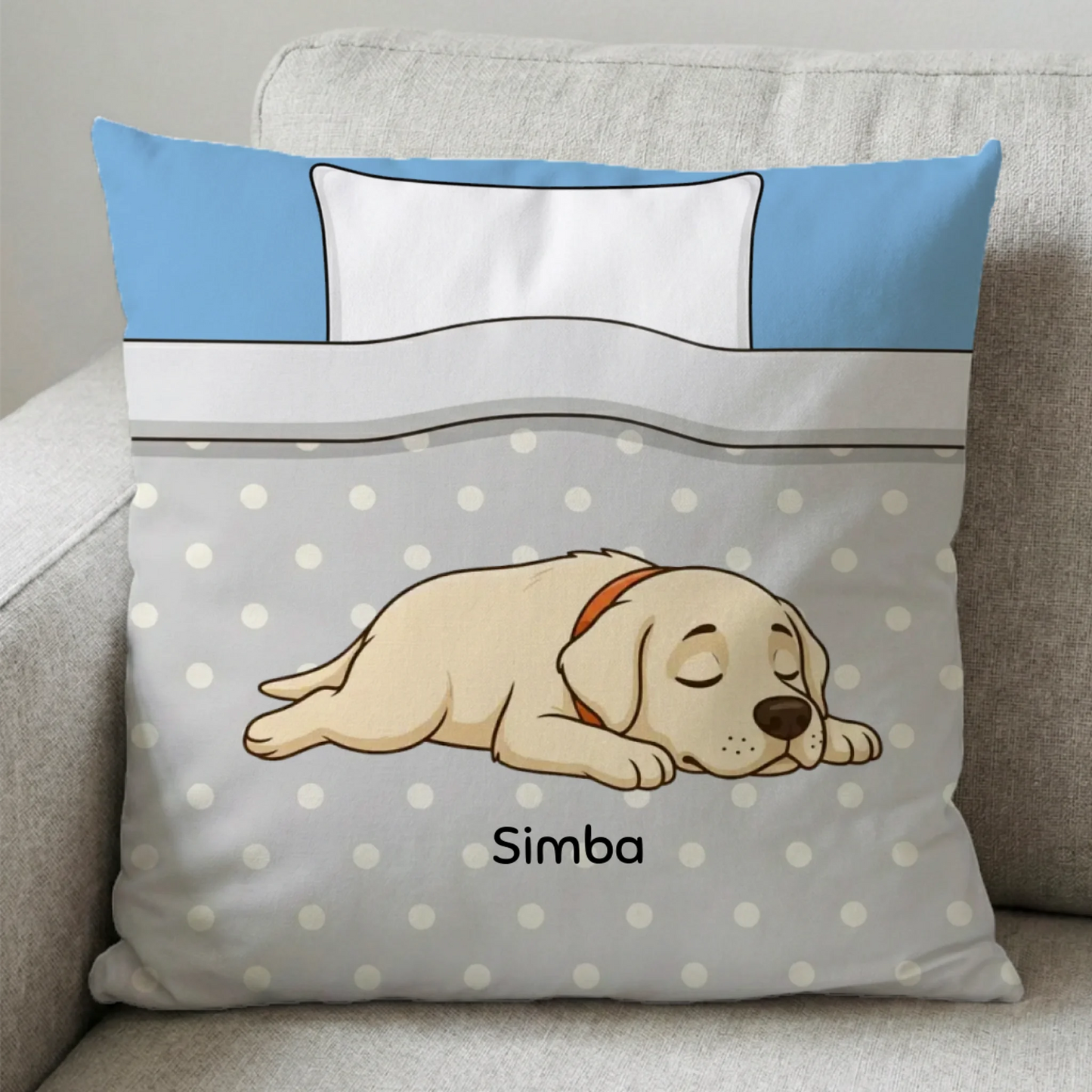 Cojín cuadrado personalizado con perro Labrador durmiendo en cama, color azul y gris, nombre Simba.