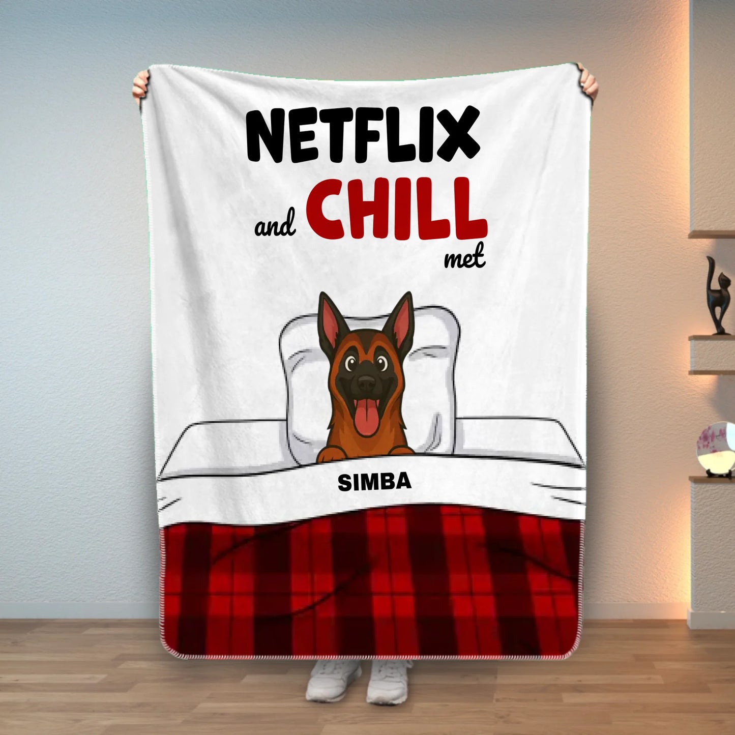 Gepersonaliseerde fleece deken met 'Netflix and Chill met' tekst en cartoon hond van Draw My Pets