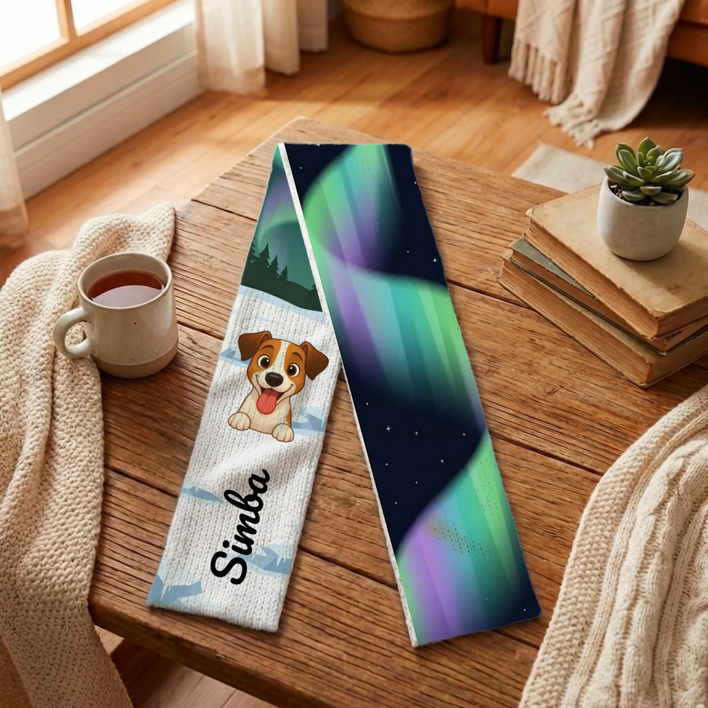 Bufanda personalizada con perro de dibujos animados y nombre 'Simba' en diseño navideño de Auroras Boreales sobre mesa de madera.
