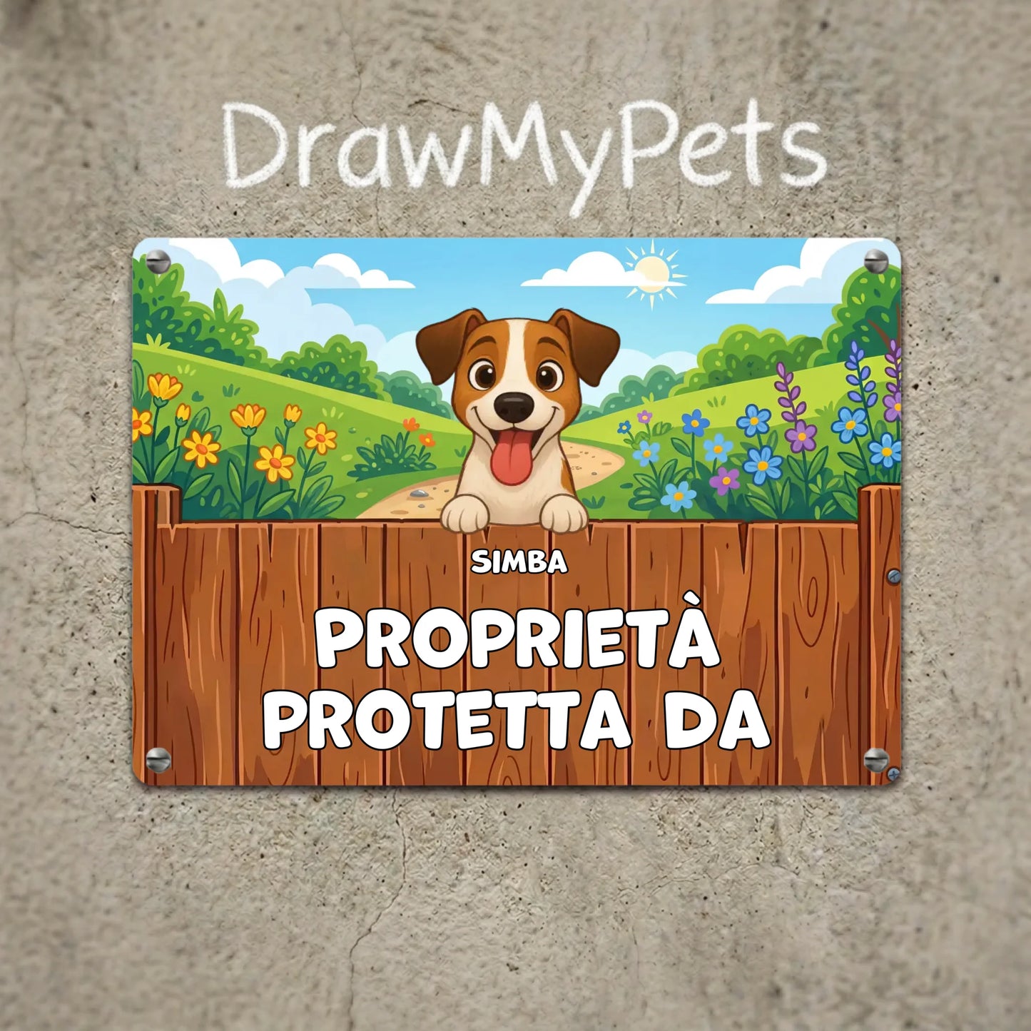 Targa in metallo personalizzata rettangolare con cane allegro che spunta da un recinto, slogan 'Proprietà protetta da' e nome del pet.