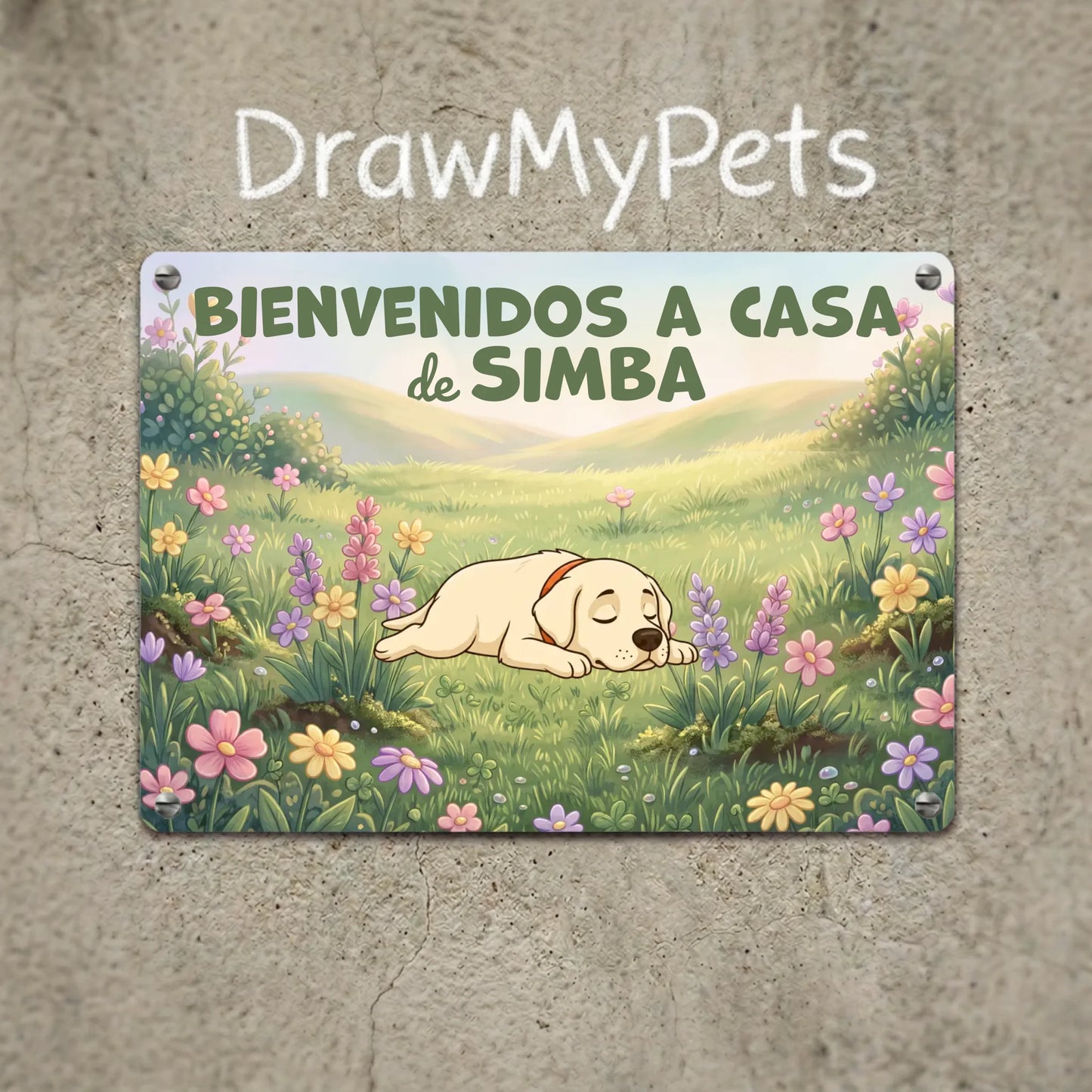 Placa metálica personalizada: Labrador durmiendo en campo de flores con texto "Bienvenidos a casa".