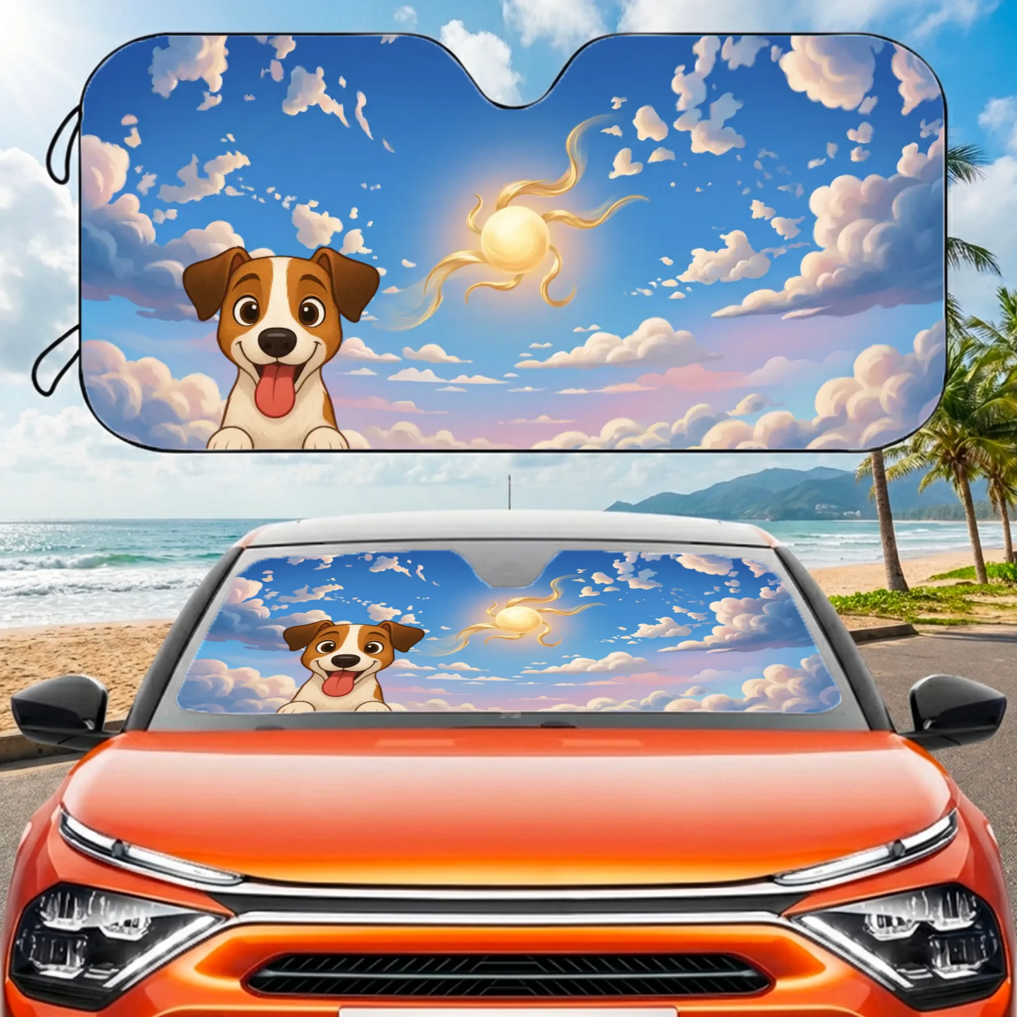 Parasol de coche personalizado con diseño de perro feliz y cielo de verano, instalado en un coche naranja en la playa.