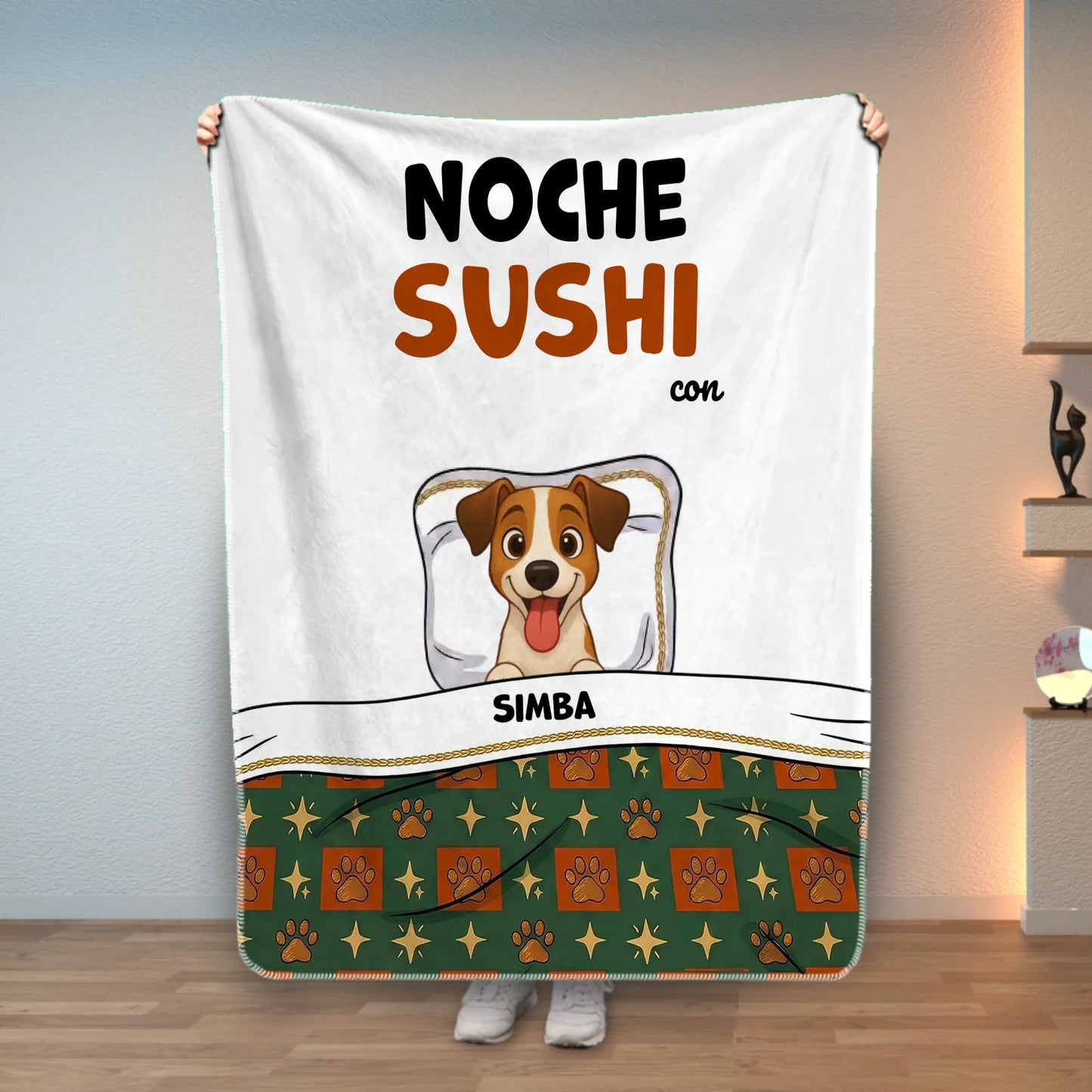 Manta personalizada "Noche de sushi con" con retrato de perro cartoon y nombre