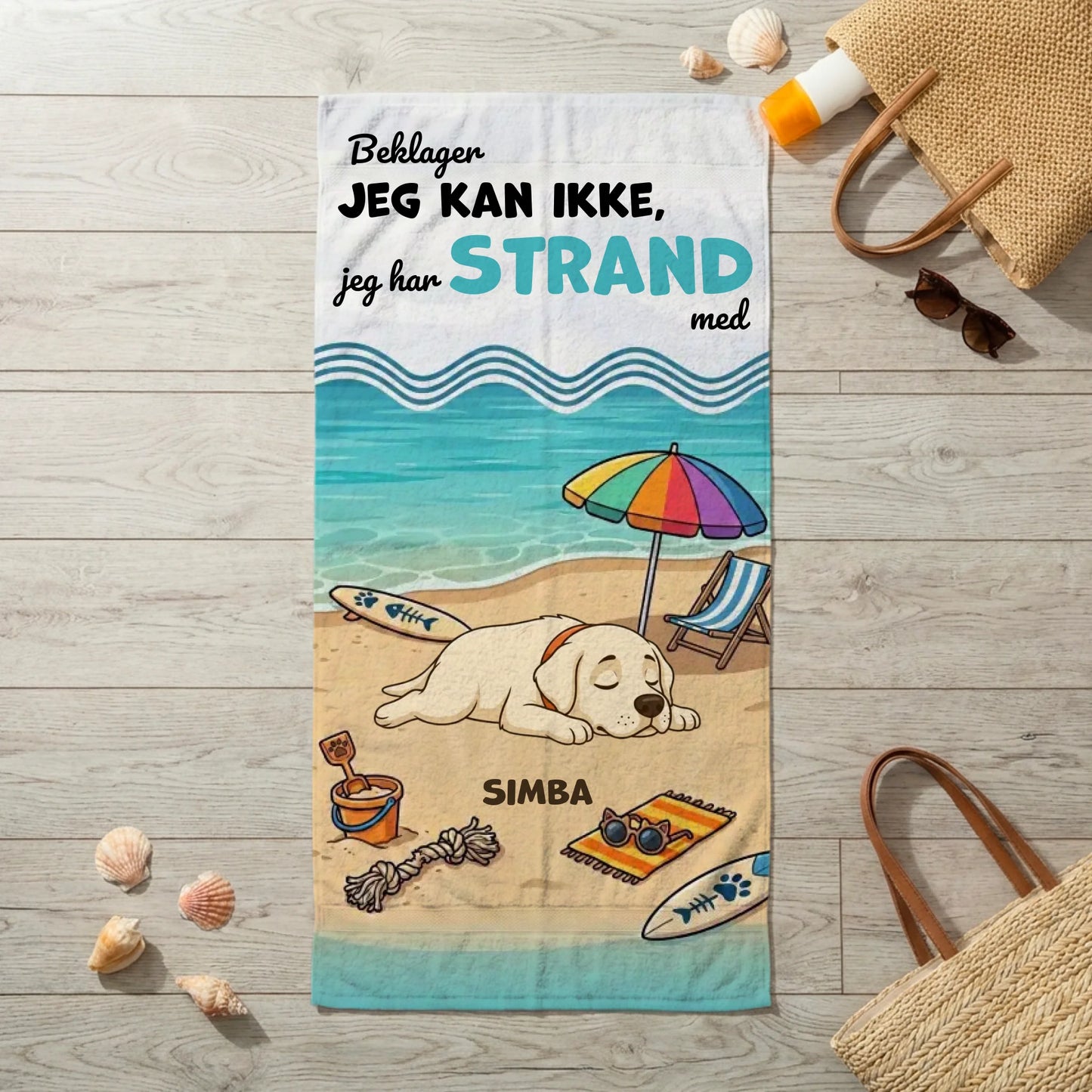 Personligt strandhåndklæde med sovende Labrador og sjovt strandtema.