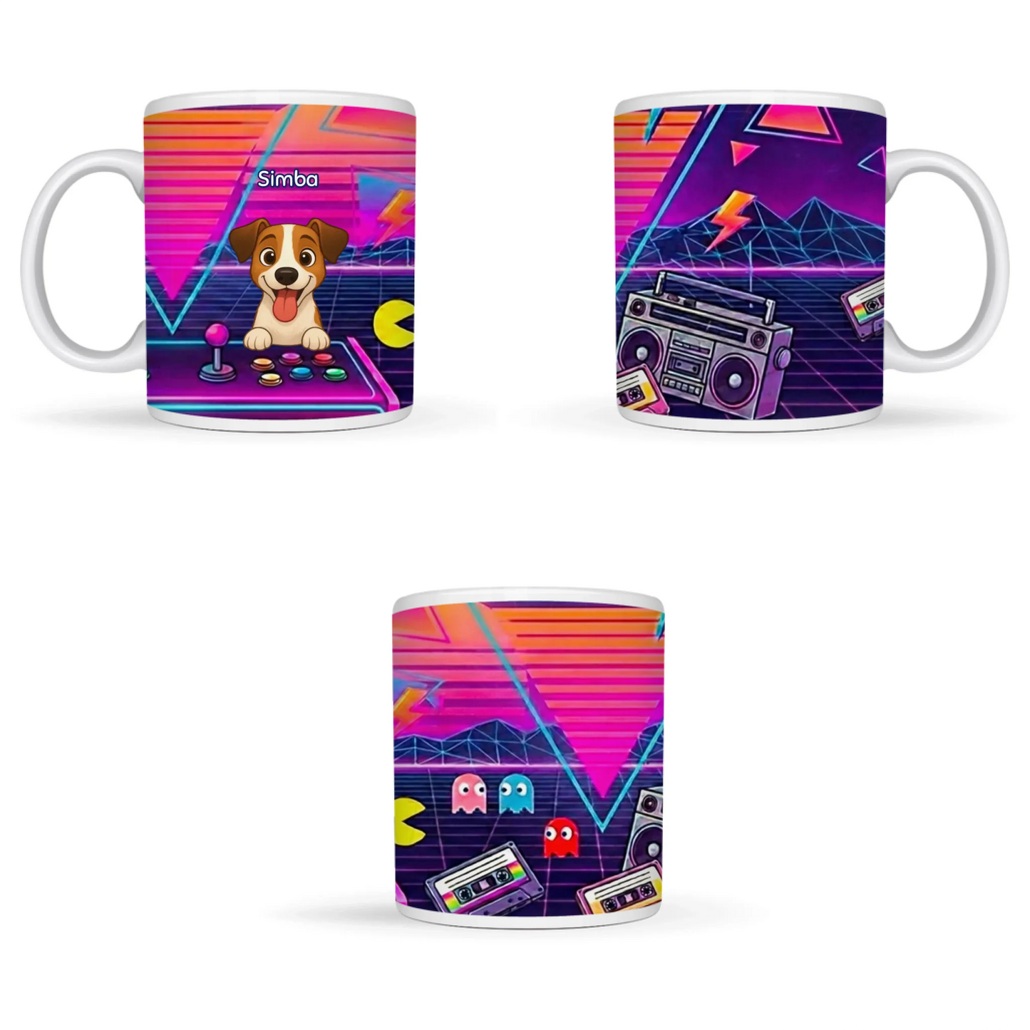 Primo piano del cane cartoon in stile pixel art con joystick e bottoni colorati, su sfondo neon