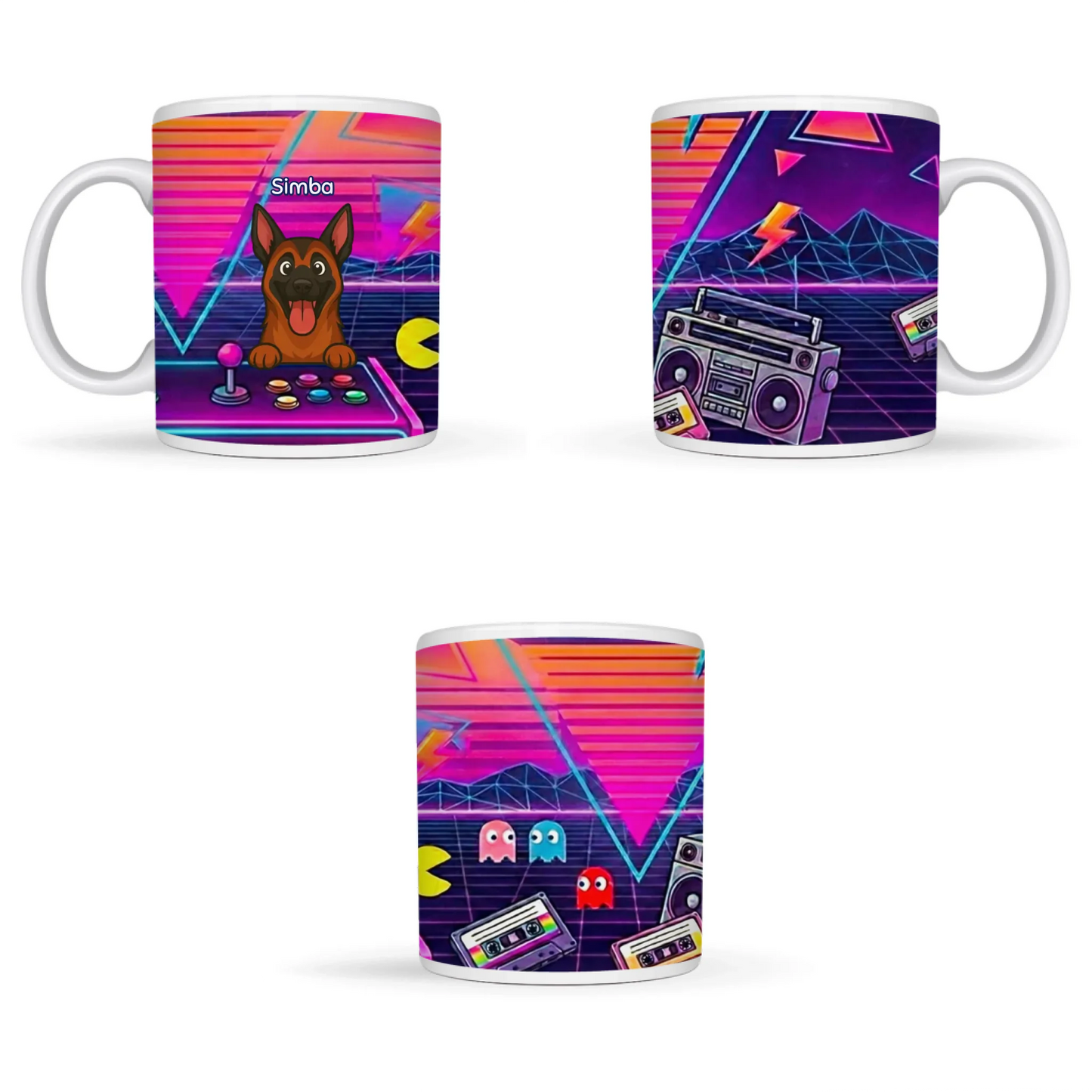 Detailweergave van de Duitse herder die uit een retro arcade machine komt, met de naam Simba erboven