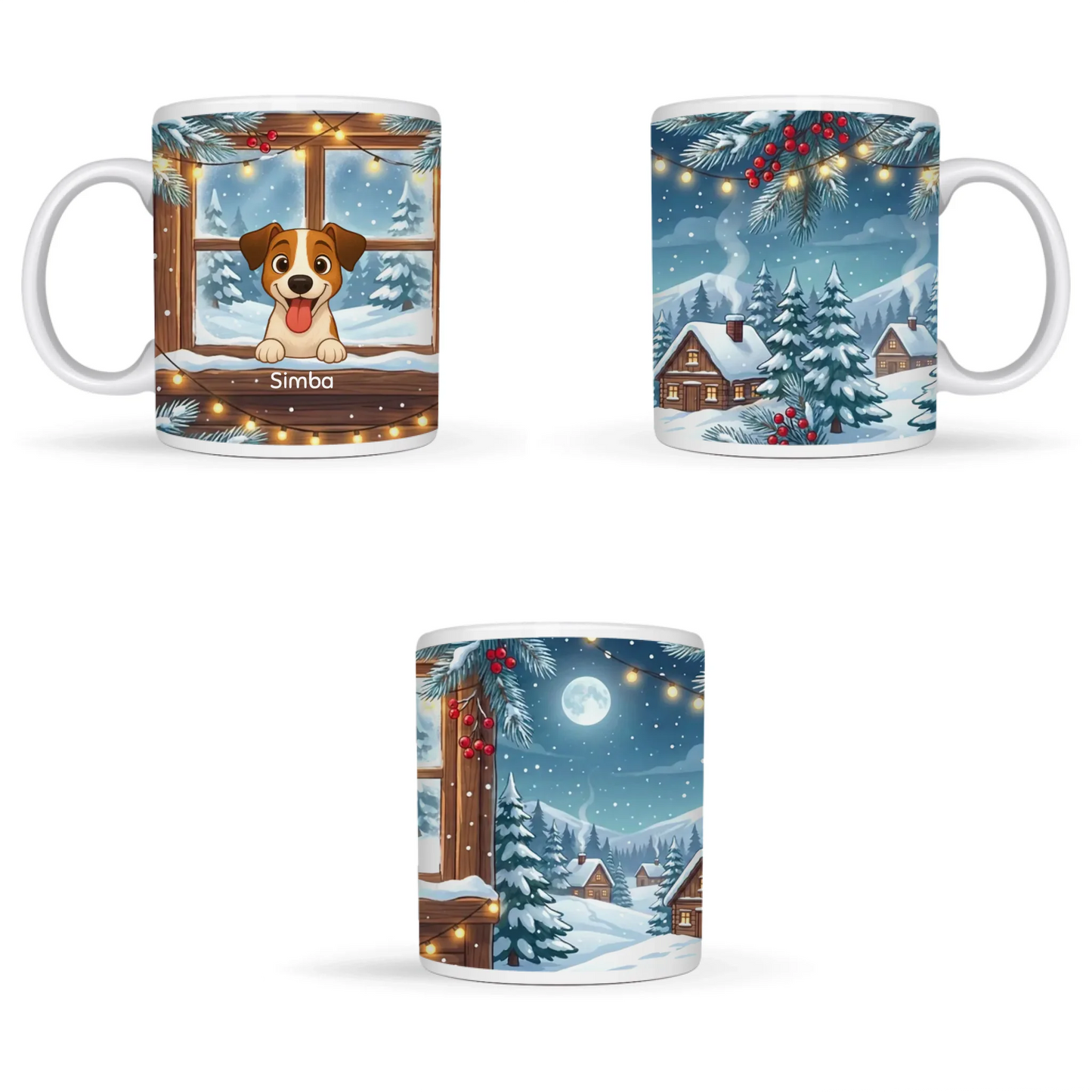 Dettaglio della tazza con finestra sulla neve e rami di pino.