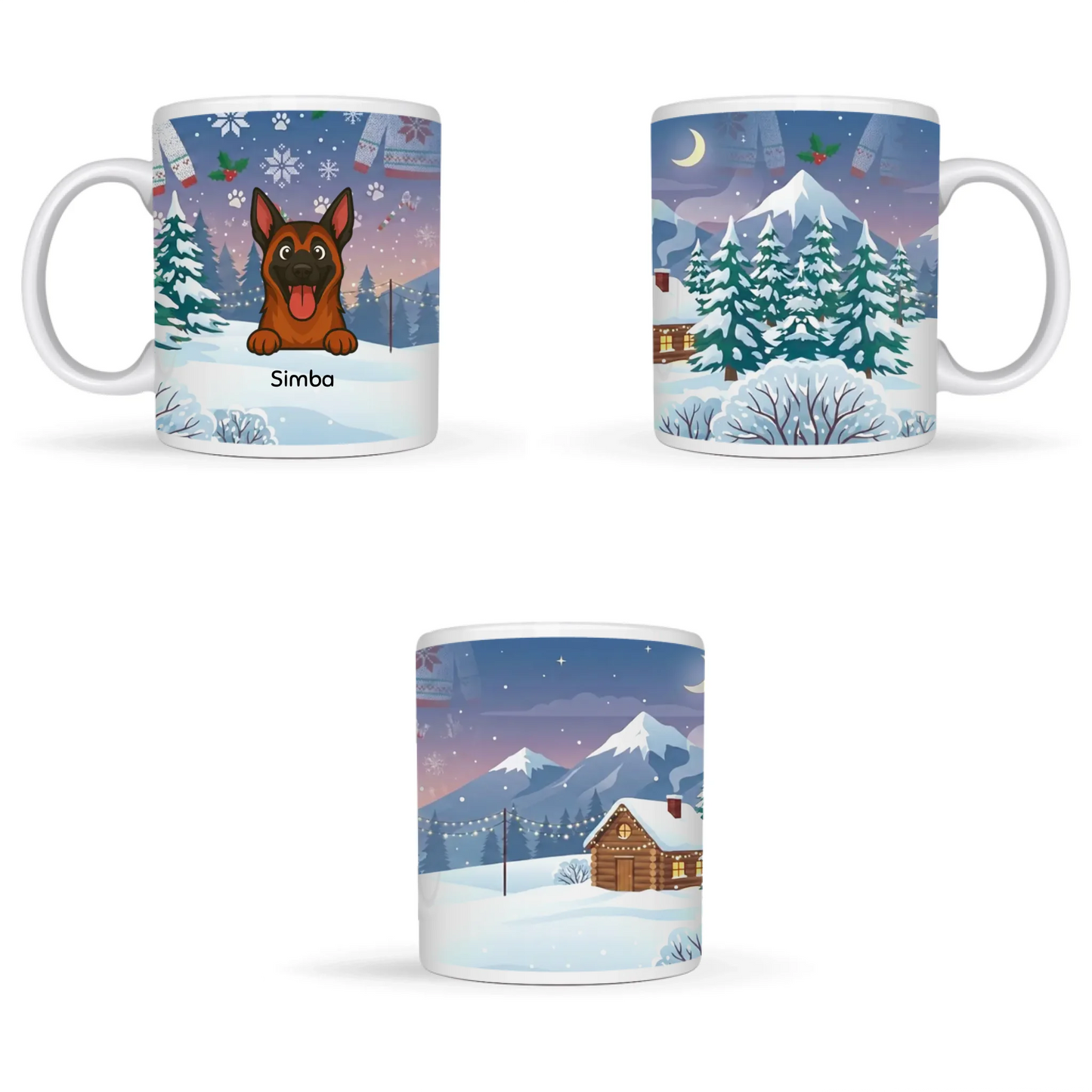 Detail van de gepersonaliseerde mok met sneeuwvlokken, kersttrui-patronen en pootafdrukken in het winterontwerp.