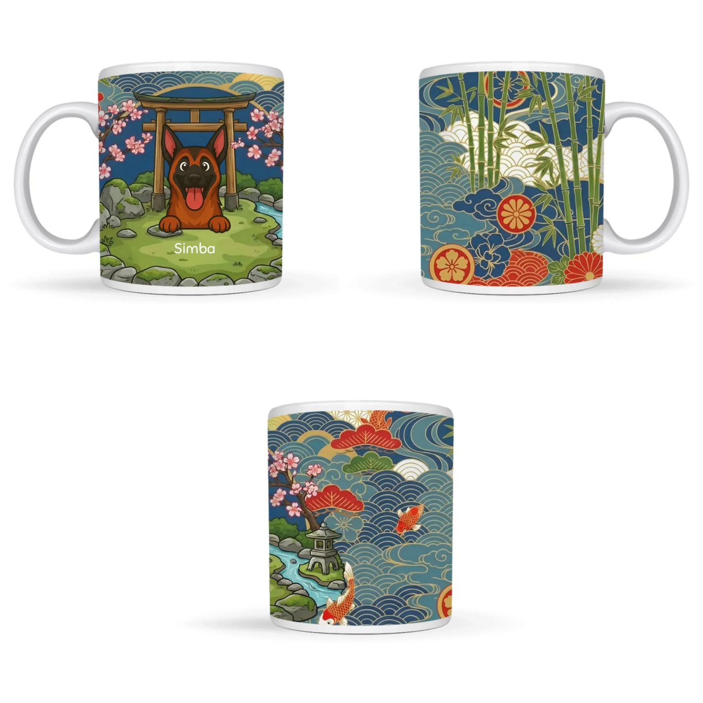 Detail van de gepersonaliseerde mok met lachende hond, stream en bloemen.