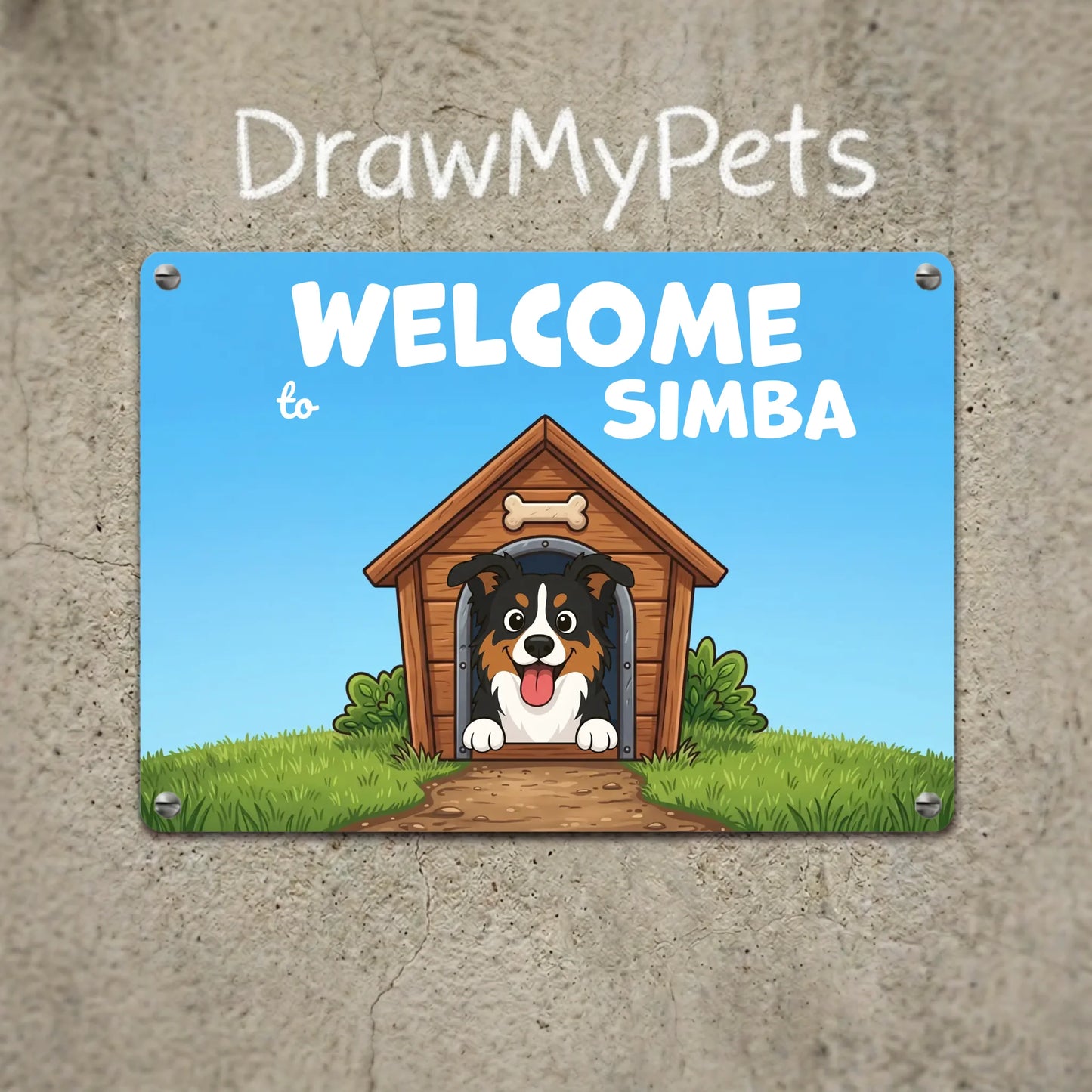 Personalized metal sign with 'Welcome to Simba' text, featuring a happy cartoon Australian Shepherd dog in a dog house, perfect for home decor.