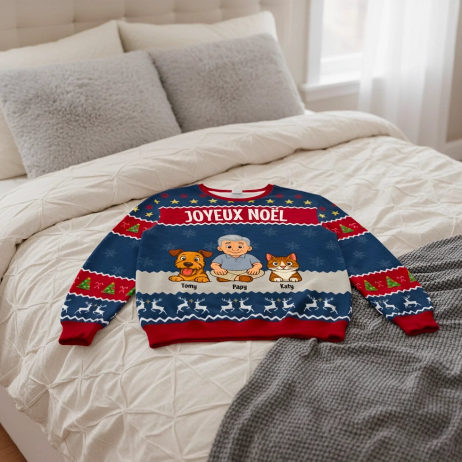 Pull de noel sur lit