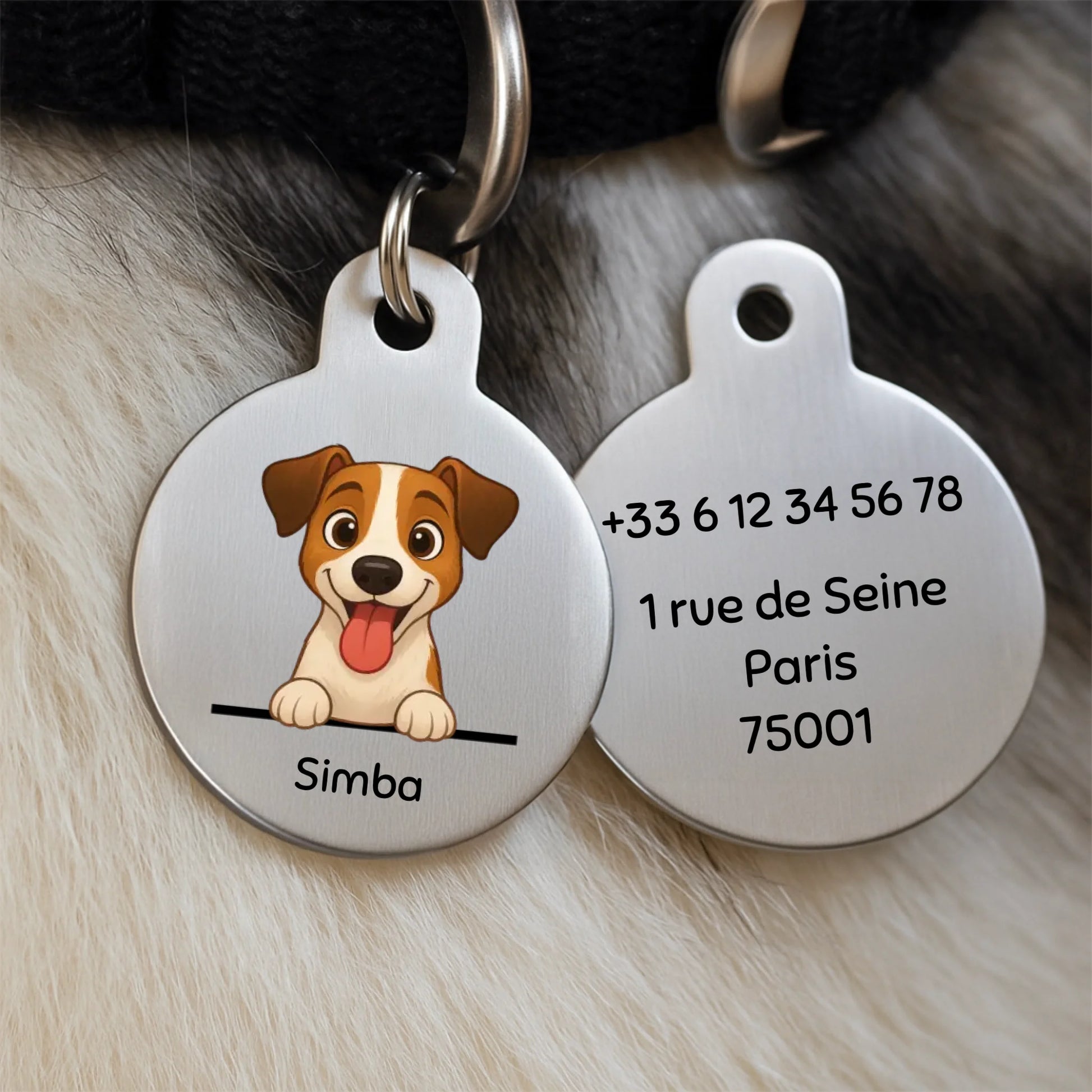Médaillon personnalisé en argent pour chien Jack Russell avec le prénom Simba, accroché à un collier noir.