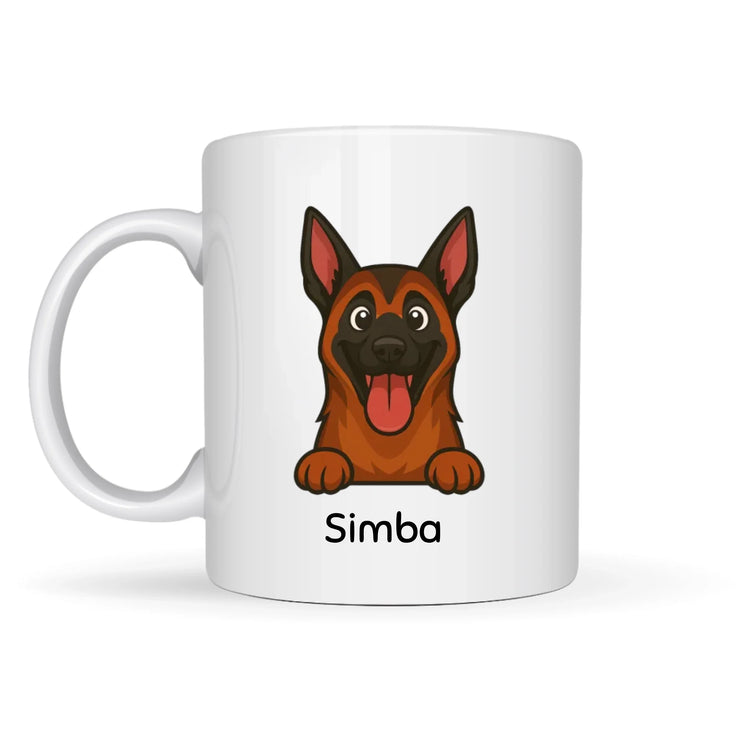 Mug personnalisé blanc avec illustration joyeuse de Berger Allemand et prénom Simba.