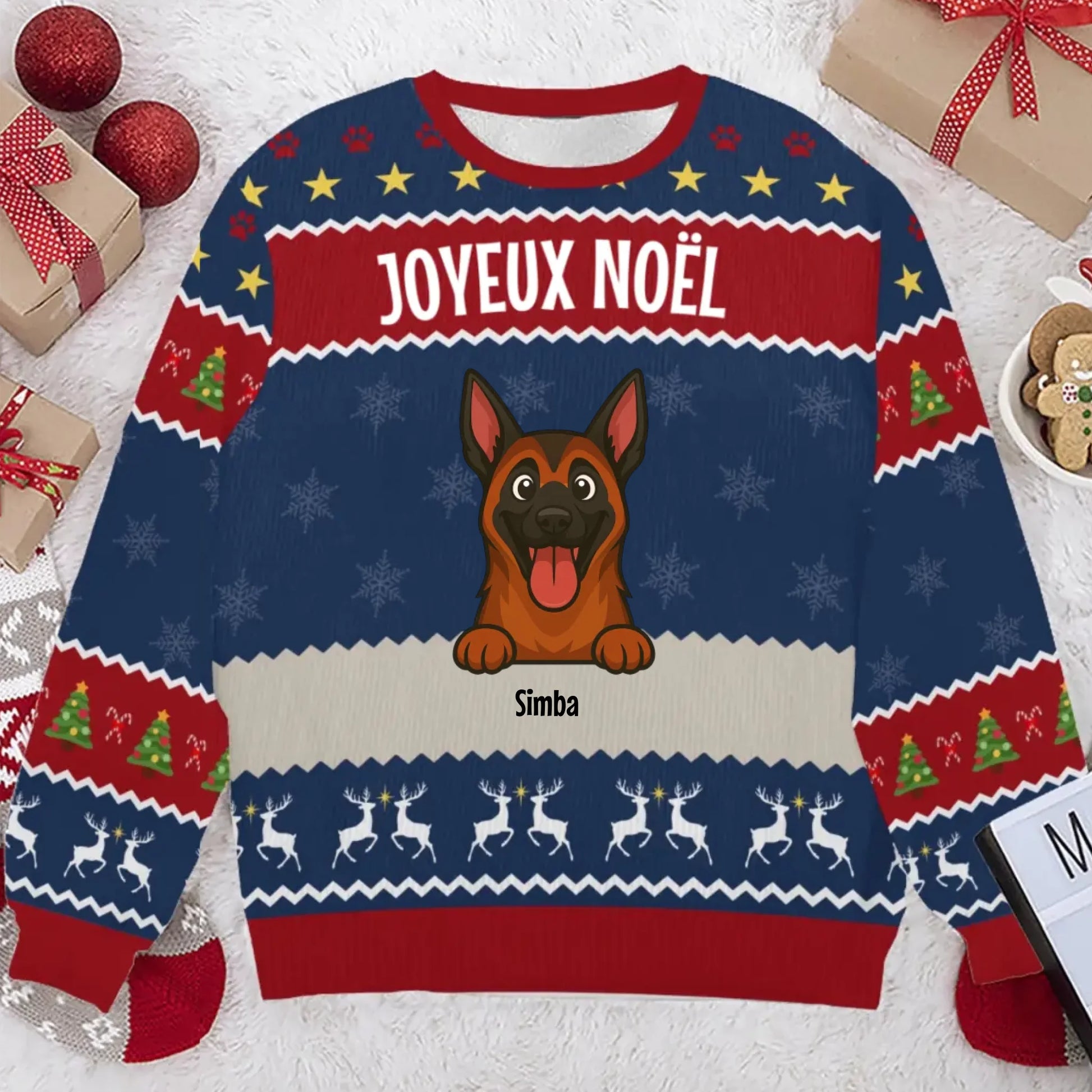 Pull de Noël personnalisable rouge et bleu avec chien souriant, Joyeux Noël et prénom