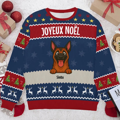 Pull de Noël personnalisable rouge et bleu avec chien souriant, Joyeux Noël et prénom