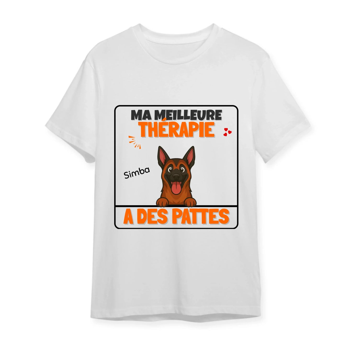T-shirt personnalisé blanc 'Ma Meilleure Thérapie A Des Pattes' avec illustration de Berger Allemand et prénom du chien Simba