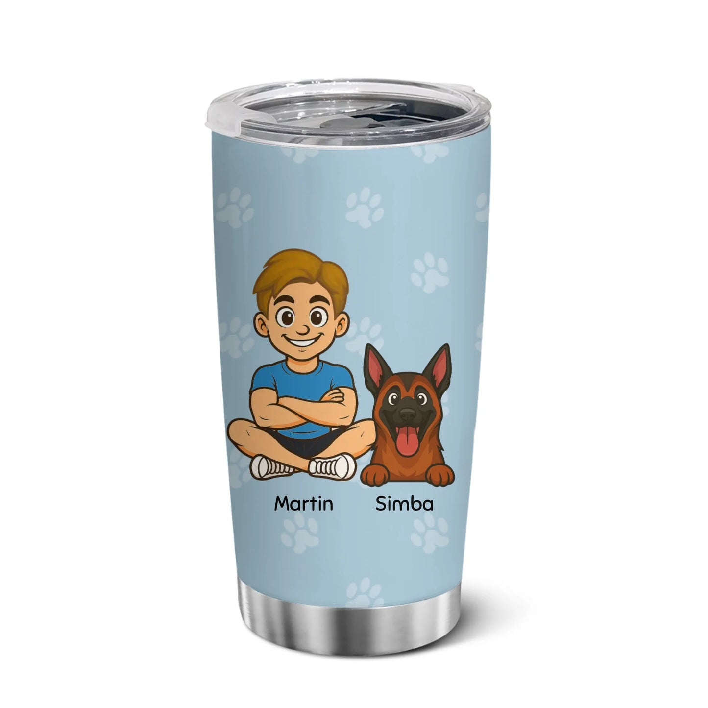 Mug isotherme personnalisé bleu clair avec illustration d'un enfant et un berger allemand, motifs patte de chien, prénom 'Martin Simba'