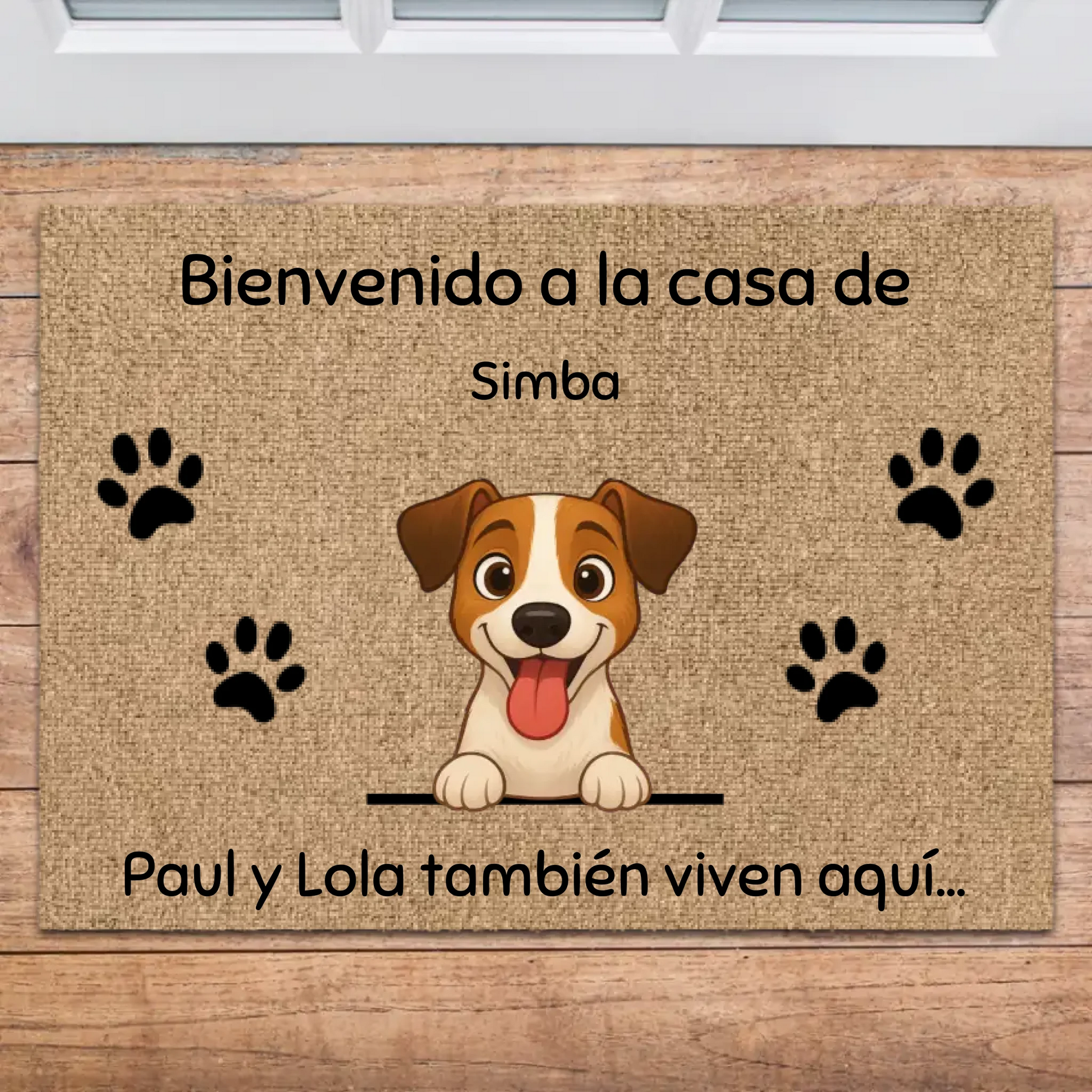 Felpudo personalizado con perro Jack Russell sonriente y texto de bienvenida