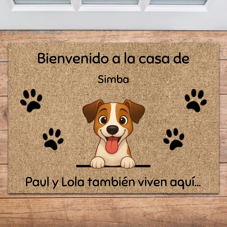 Felpudo personalizado con perro Jack Russell sonriente y texto de bienvenida