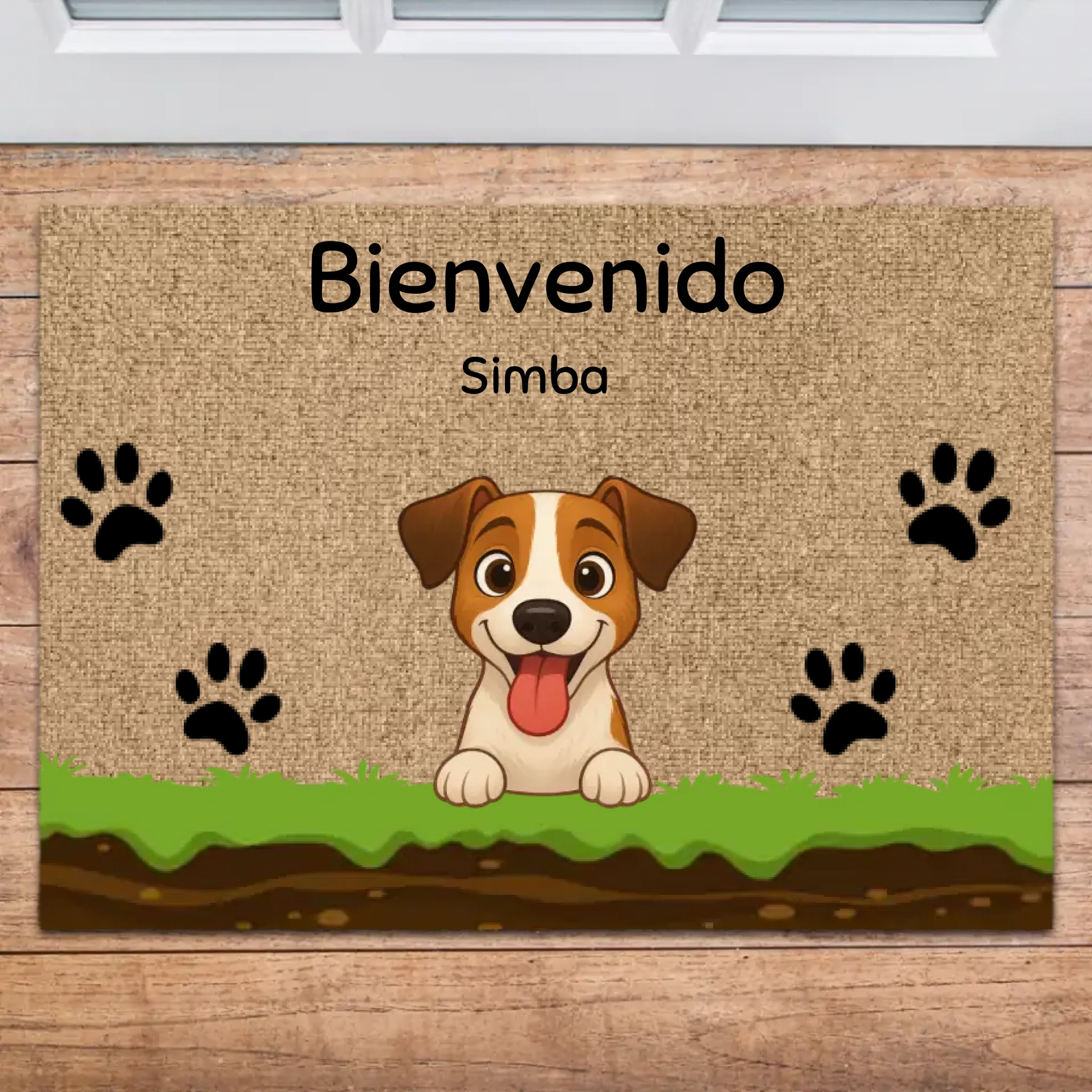 Felpudo personalizado 'Bienvenido' con retrato de perro cartoon, nombre 'Simba' y huellas de patas en entrada de casa.