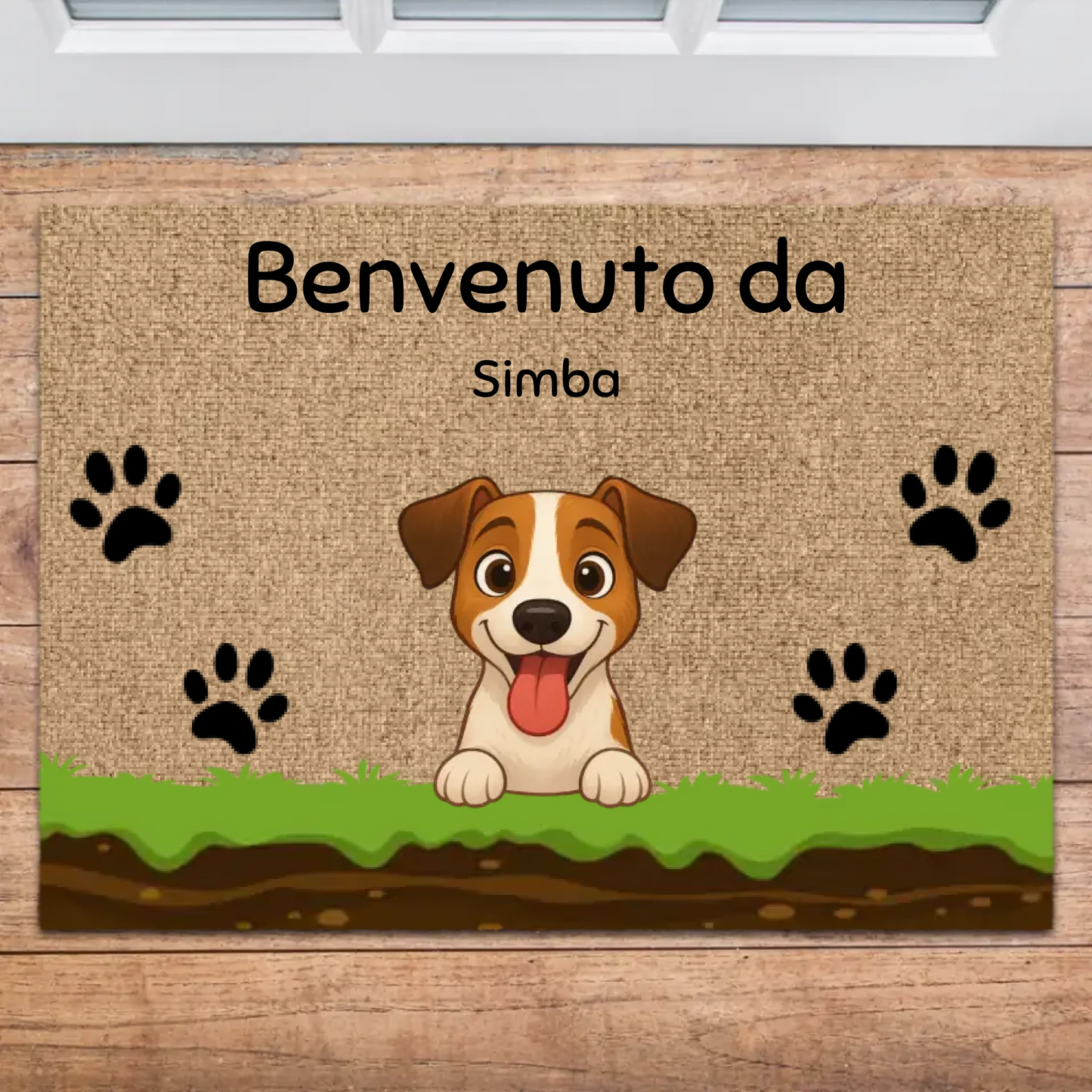 Zerbino personalizzato in fibra di cocco con cane sorridente e nome Simba