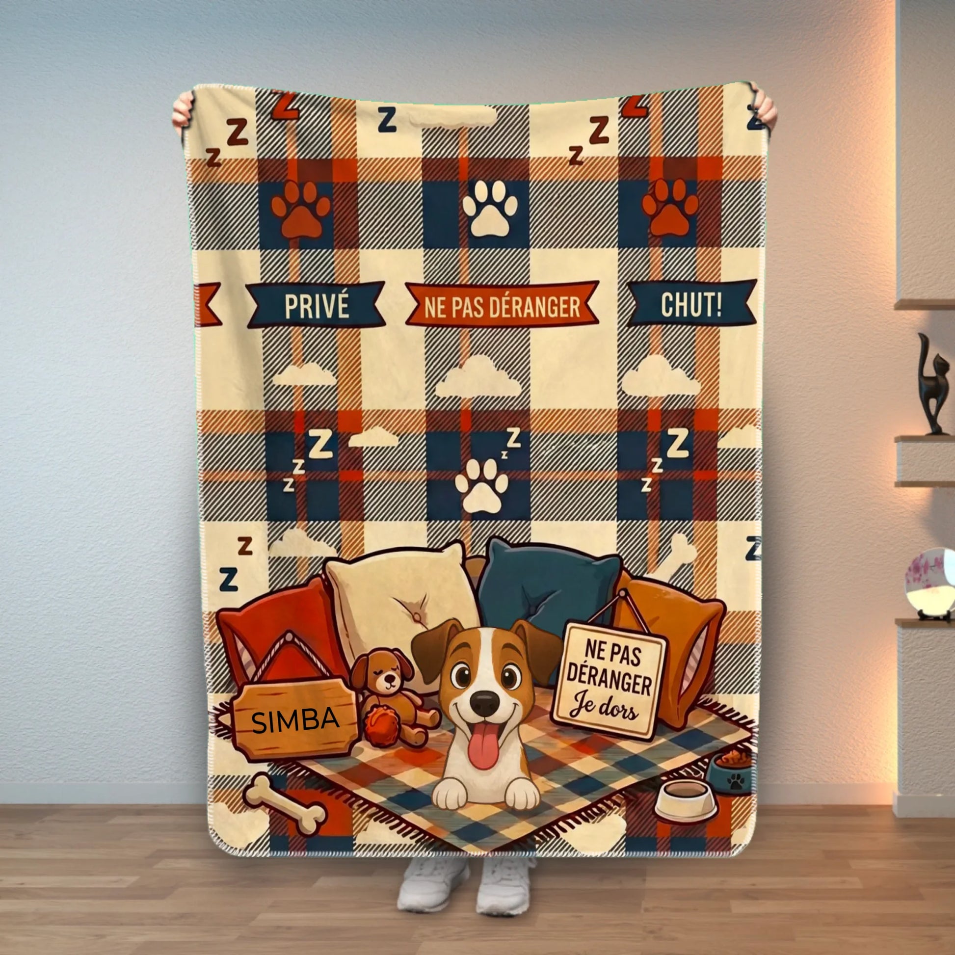 Plaid personnalisé pour chien ou chat 'NE PAS DÉRANGER' avec illustration de Jack Russell dormant