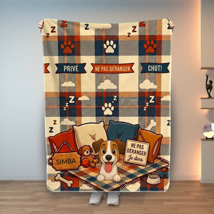 Plaid personnalisé pour chien ou chat 'NE PAS DÉRANGER' avec illustration de Jack Russell dormant