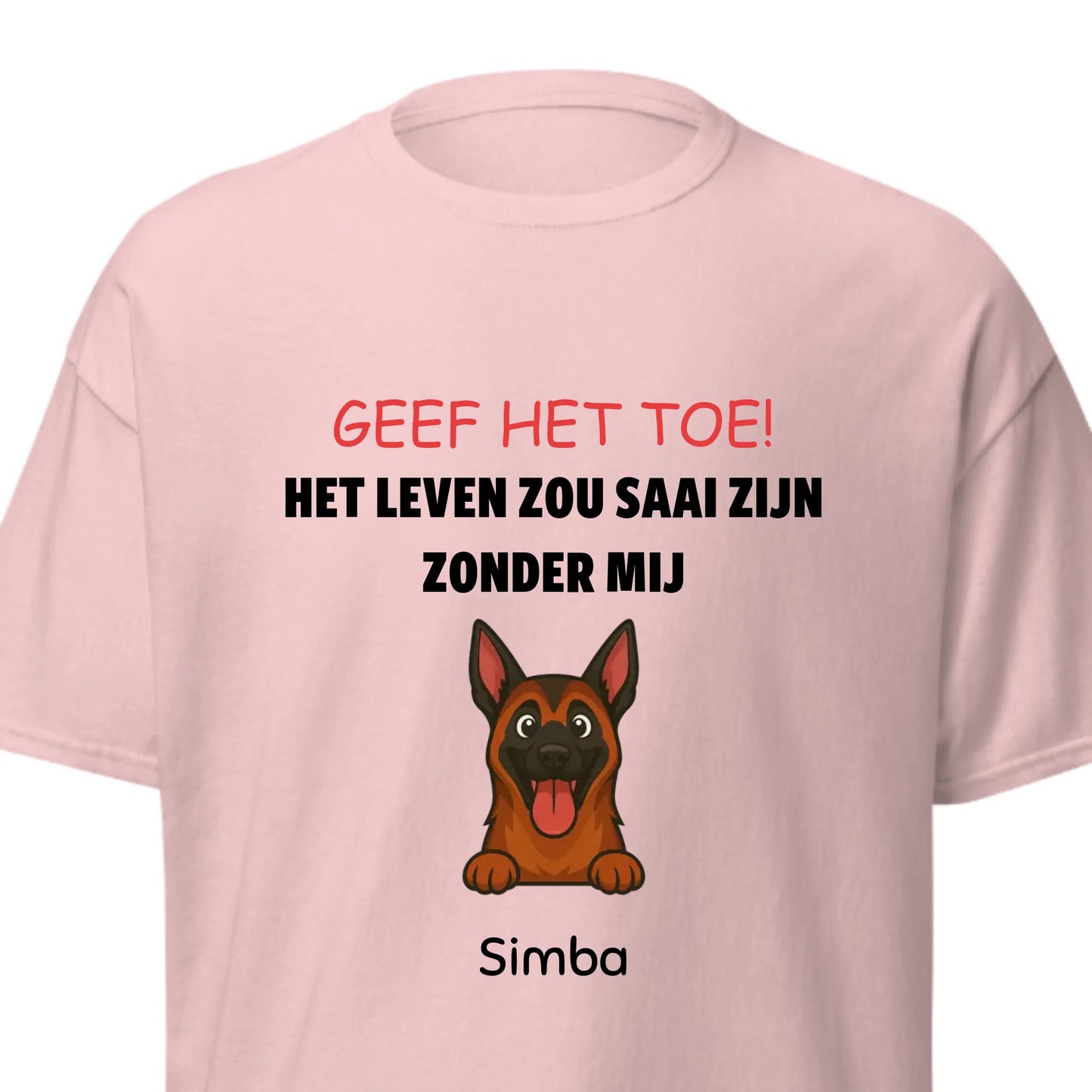 Close-up van de vrolijke Duitse herder cartoon en slogan op het t-shirt.