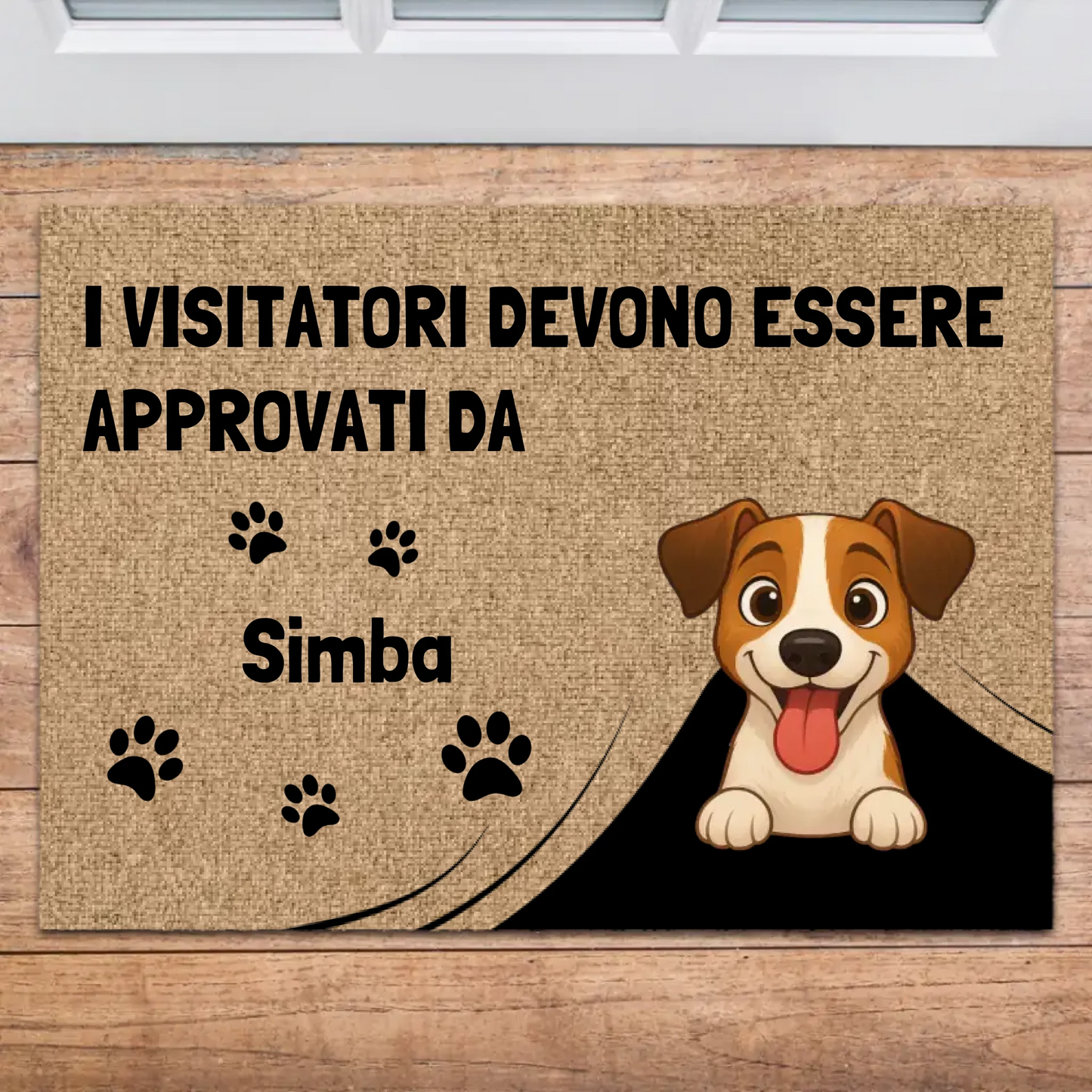 Zerbino personalizzato con disegno di cane sorridente e scritta 'I VISITATORI DEVONO ESSERE APPROVATI DA Simba'