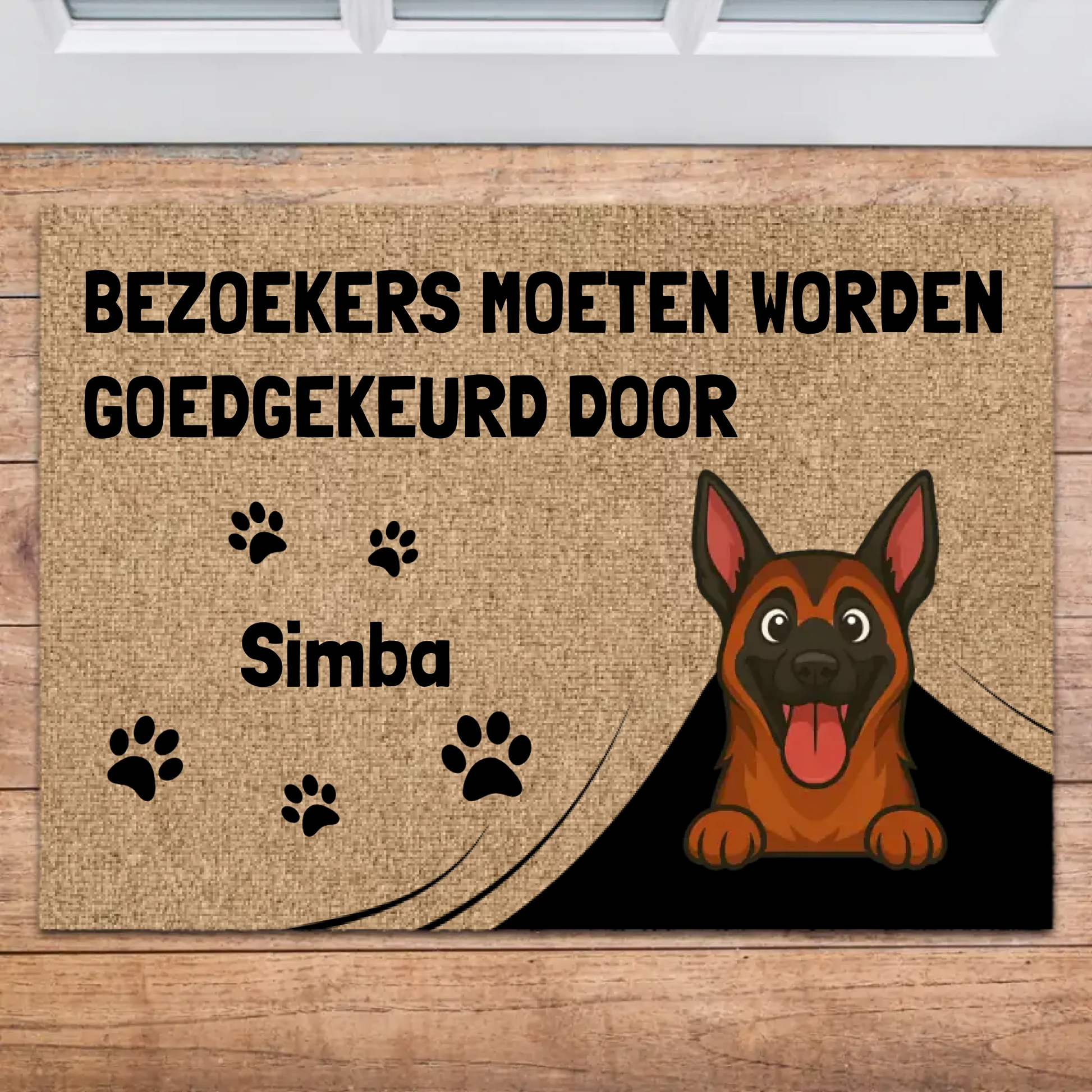 Gepersonaliseerde deurmat met cartoon Duitse Herder en tekst "Bezoekers moeten worden goedgekeurd door [Naam]"