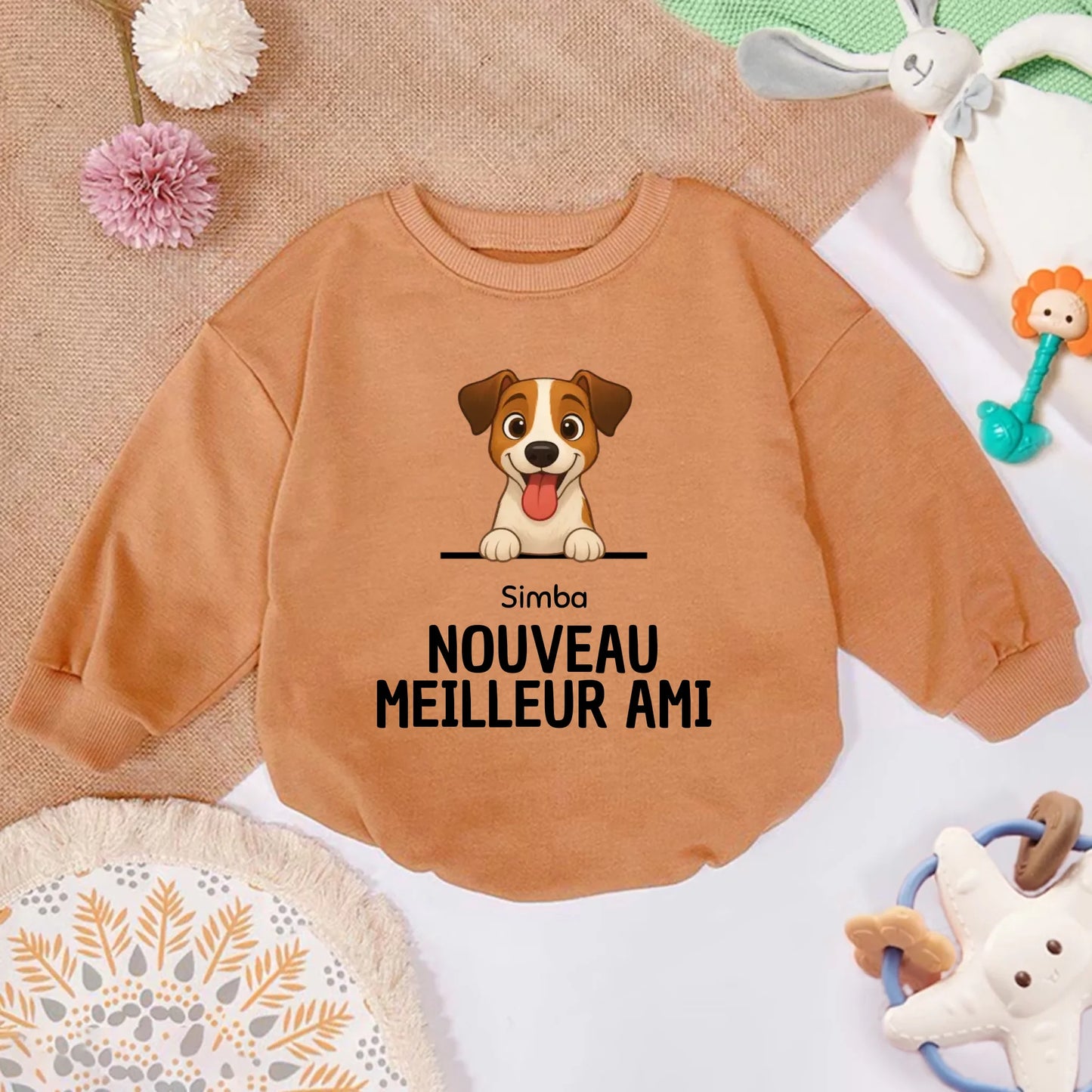 Pull bébé personnalisé marron: chien joyeux 'Nouveau Meilleur Ami' Draw My Pets