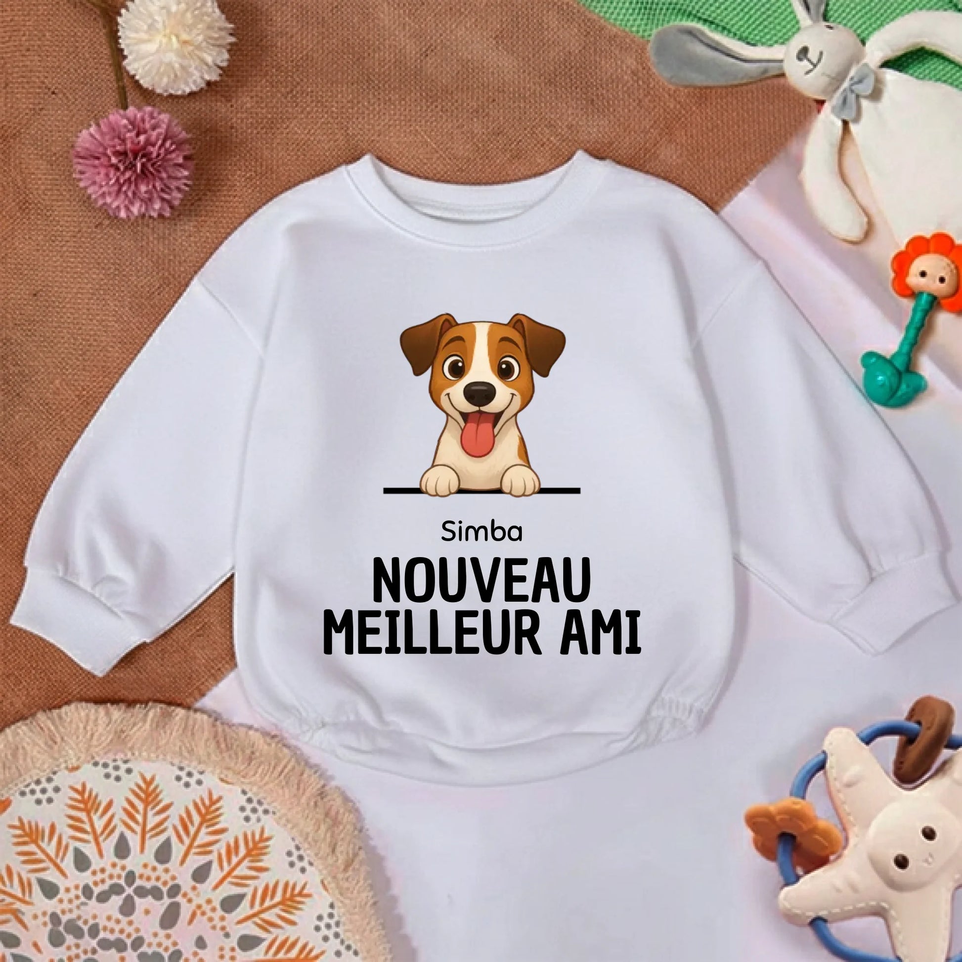 Détail de l'illustration chien souriant sur pull bébé personnalisé