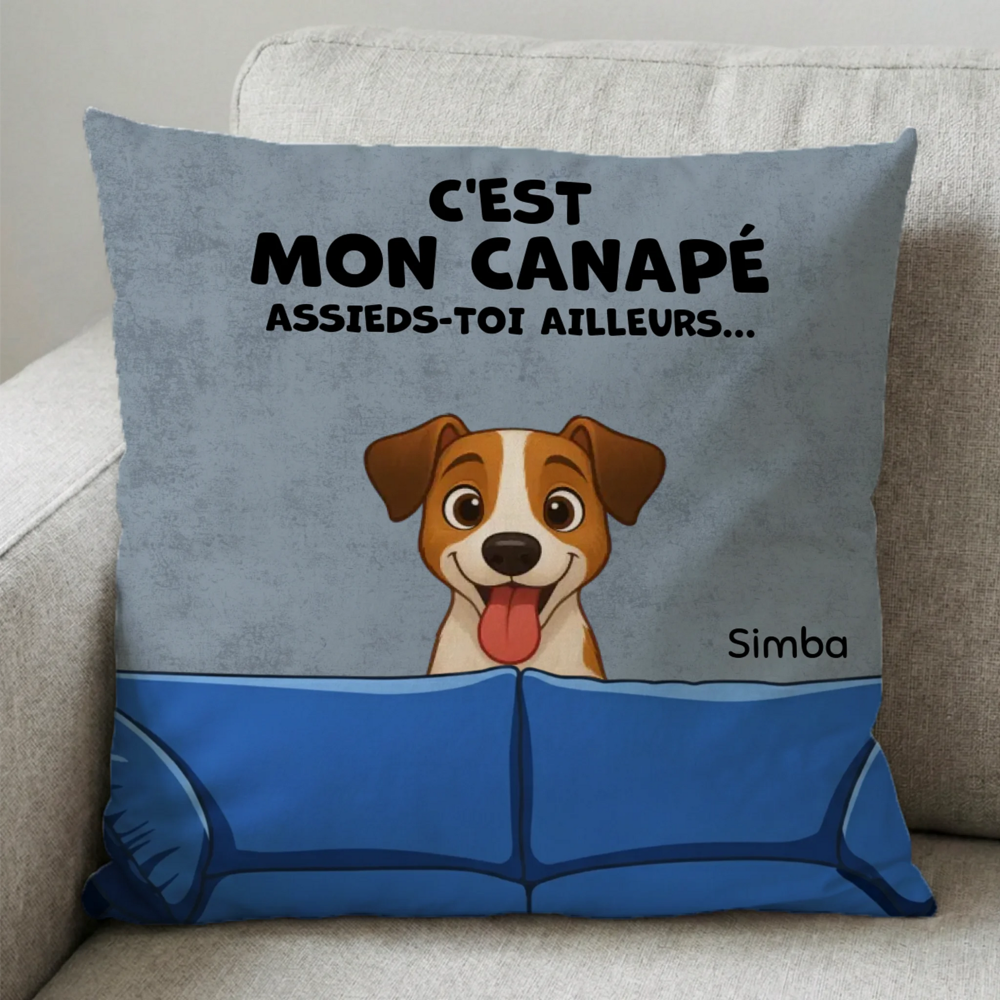 Coussin personnalisé 'C'est mon canapé' avec chien Jack Russell.